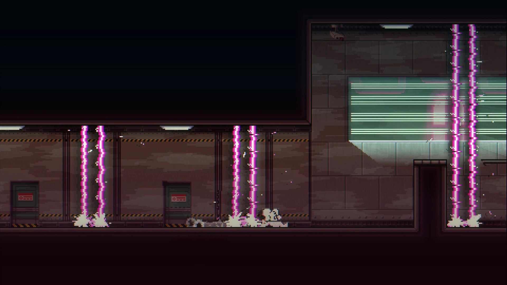 Instinct: Character navigates through a dimly lit corridor with pink laser barriers.