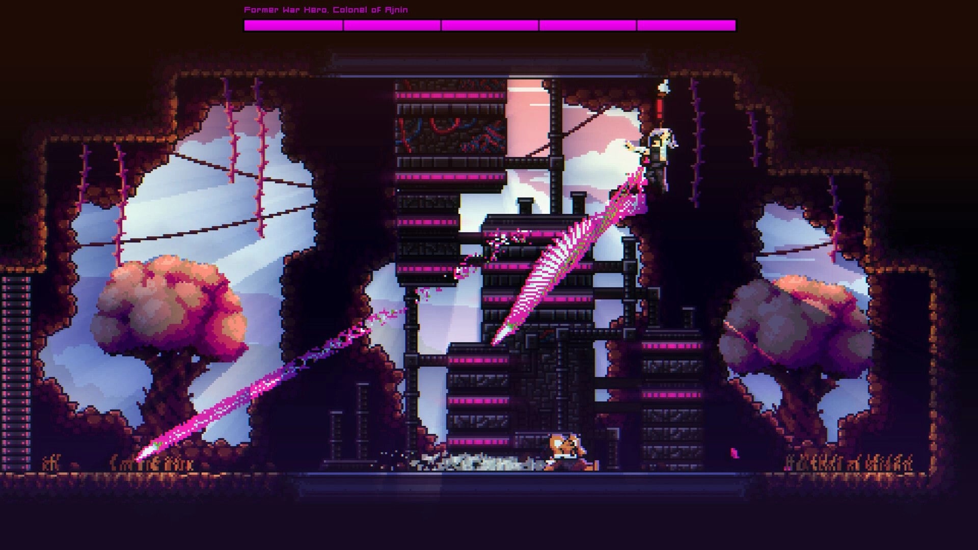 Instinct: Player evading pink laser attack in cave with platforms, health bar at top labeled "Colonel of Ajnin"