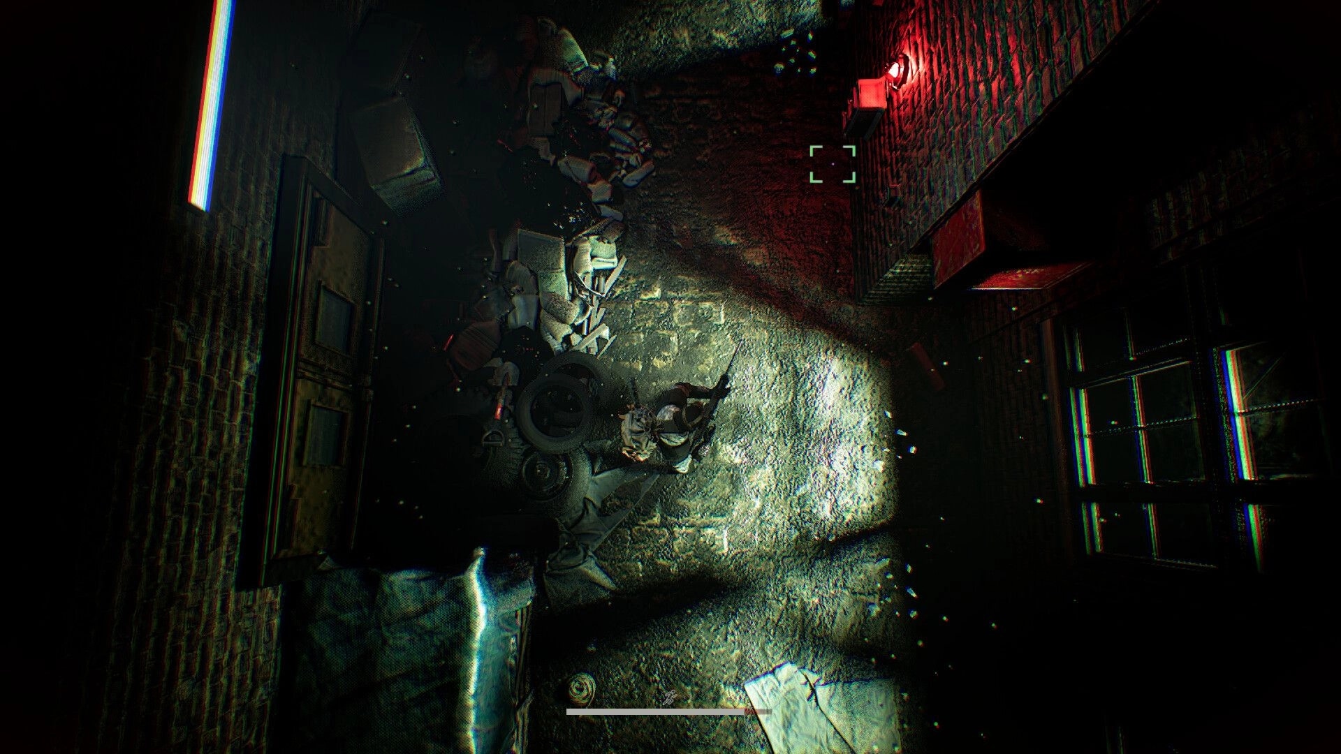 Internal Incident: Player explores dark alley with debris and red emergency light illuminating surroundings
