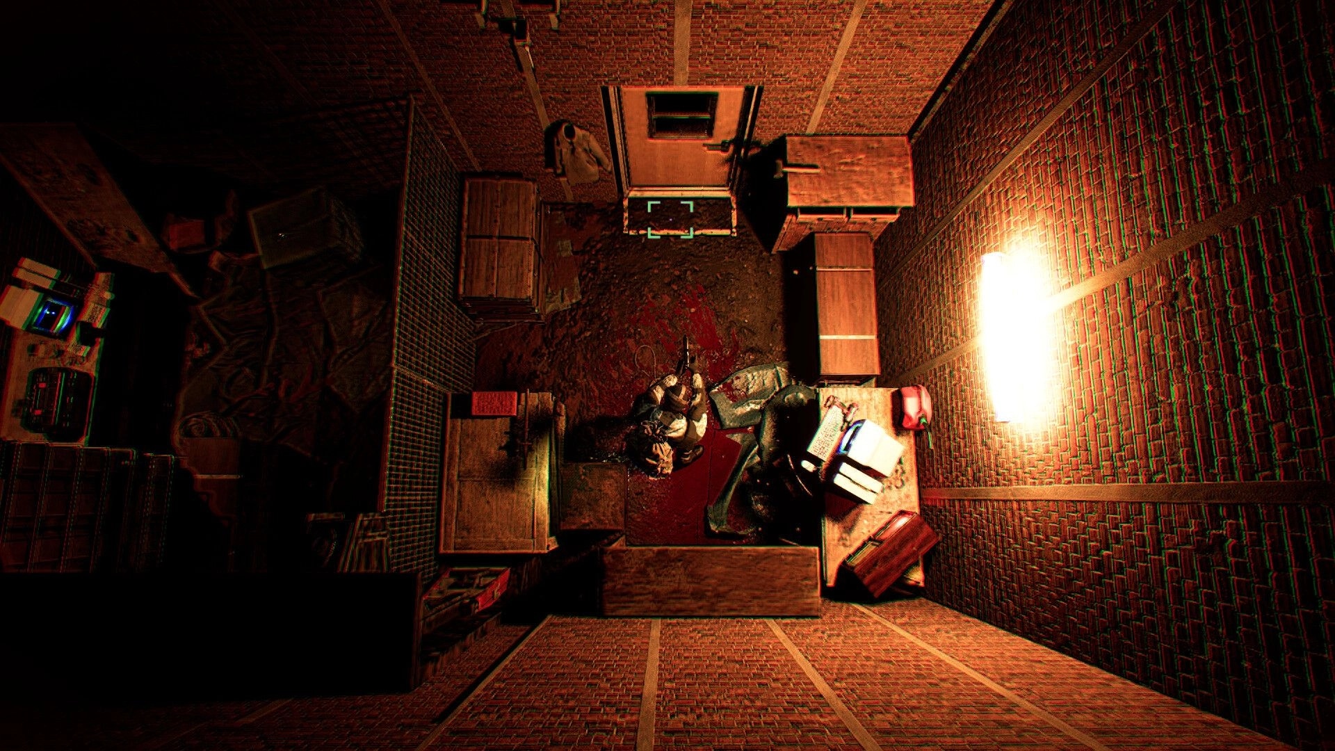 Internal Incident: Player crouches in dimly lit room with scattered boxes and a blood-stained floor