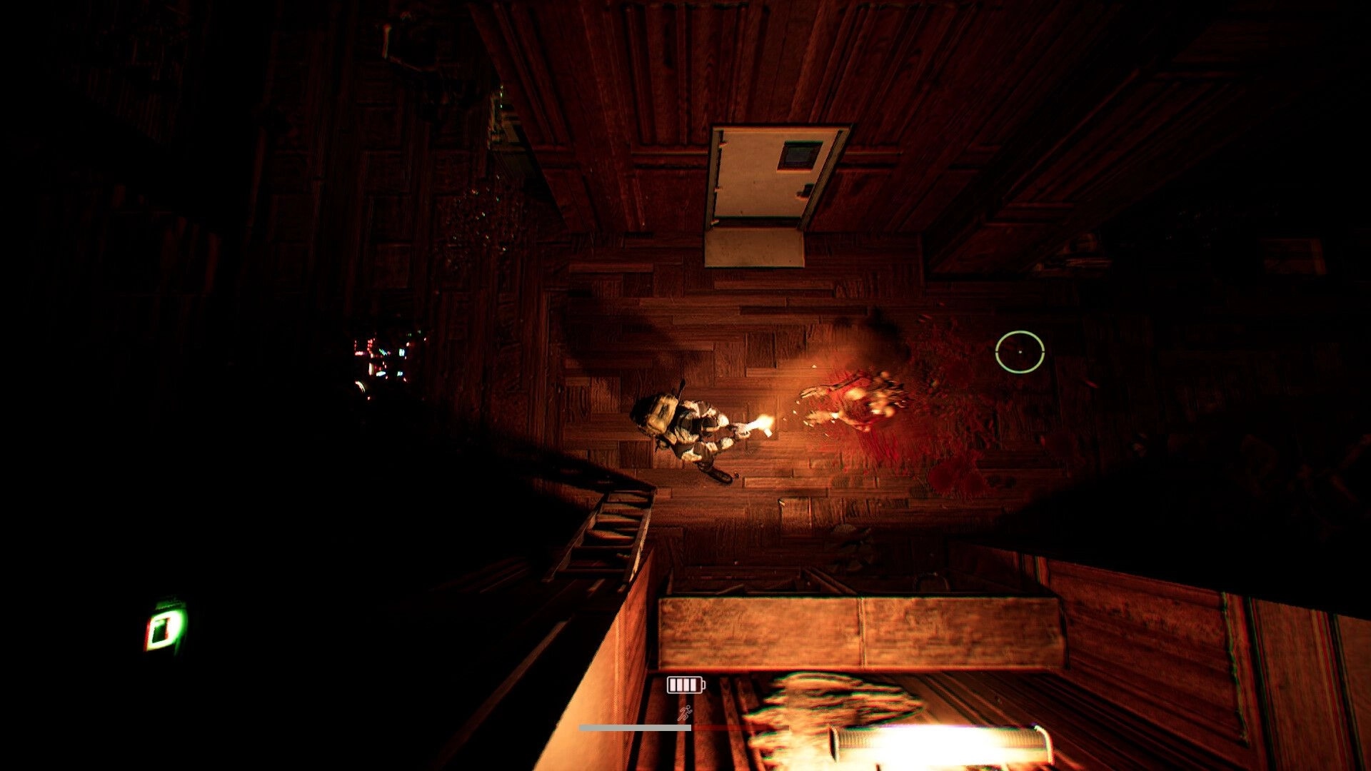 Internal Incident: Character exploring dimly lit facility corridor with flashlight and visible blood stains