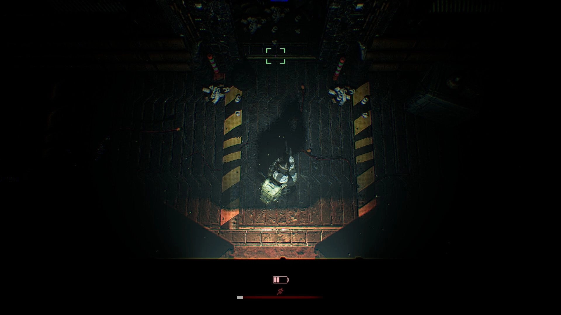 Internal Incident: Character exploring a dimly lit corridor with debris, health bar, and battery icon visible.