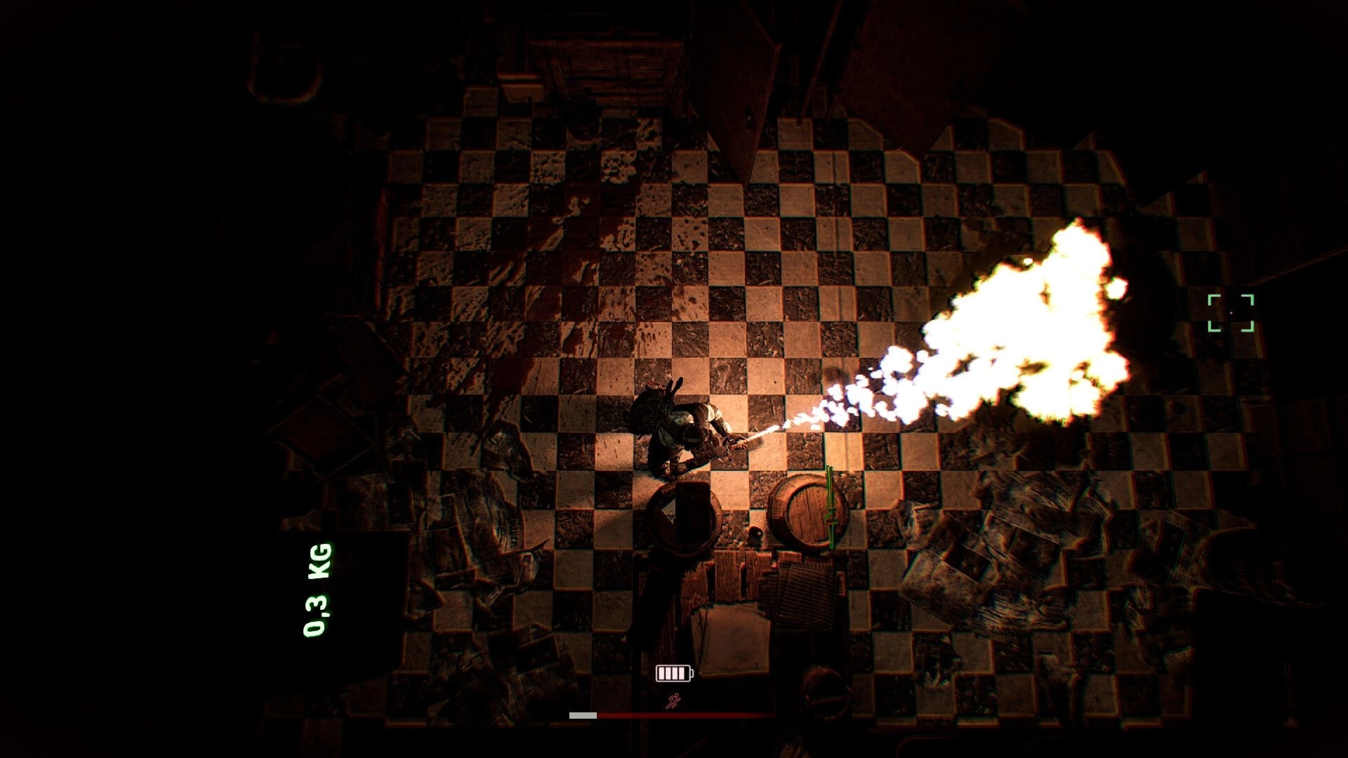 Internal Incident: Player using flamethrower in dark, checkered room with visible weight and battery UI.