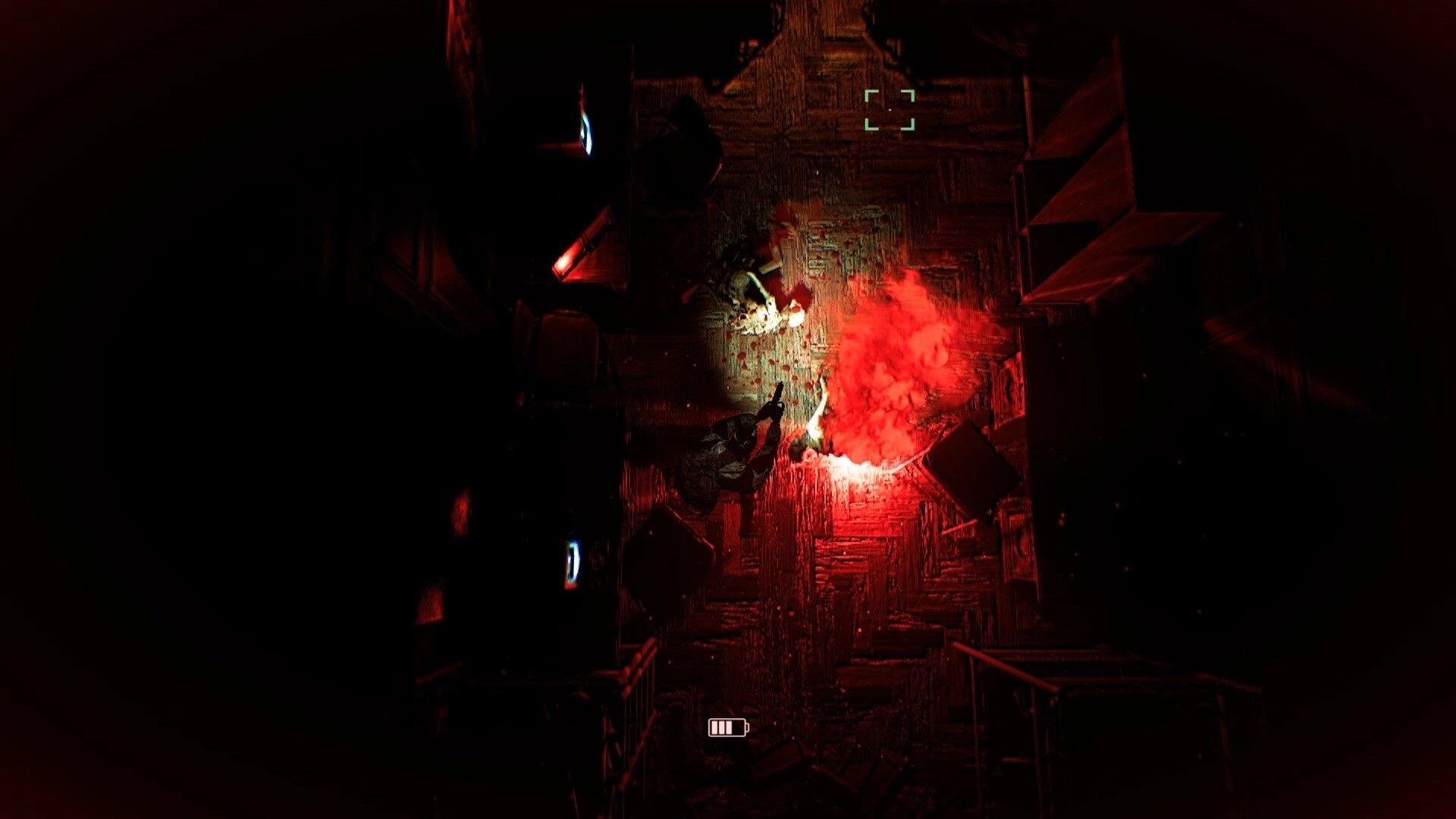 Internal Incident: Player navigates dark corridor with red flare in abandoned facility