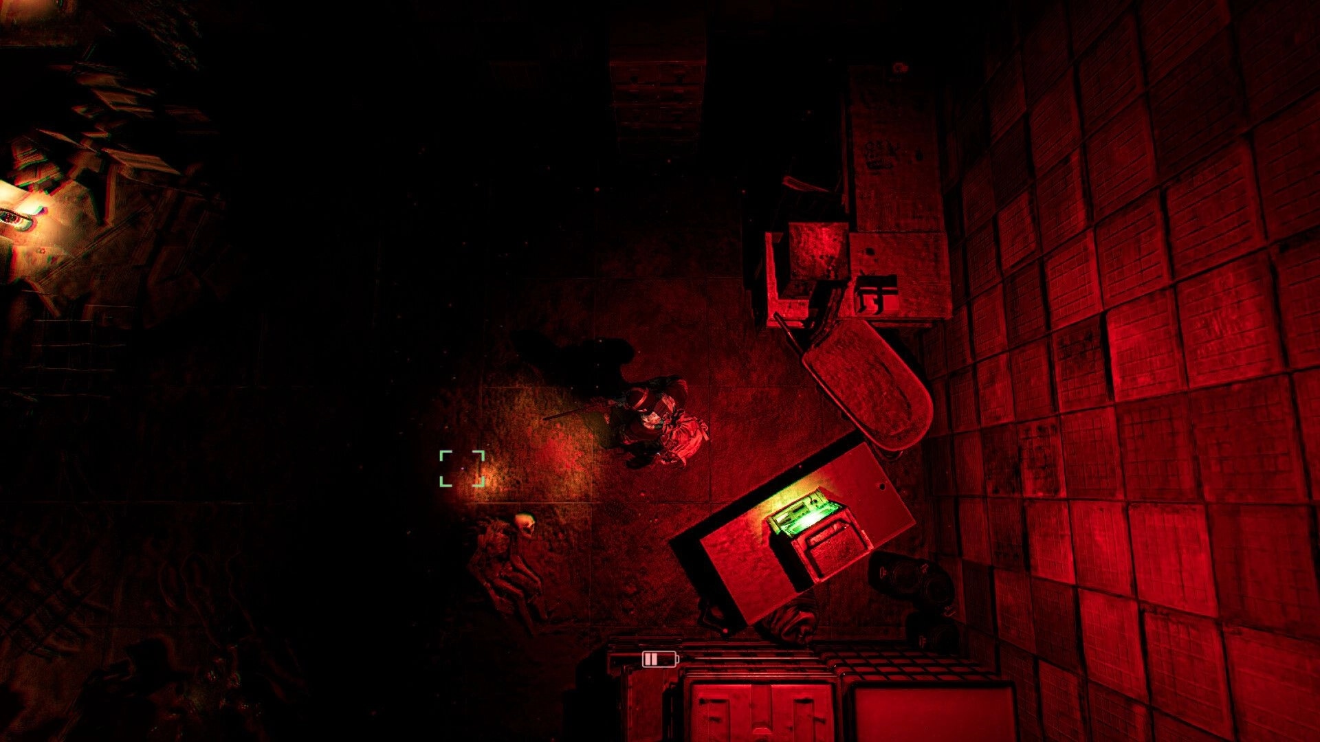 Internal Incident: Player explores eerie, dimly lit facility room with red lighting and scattered objects.
