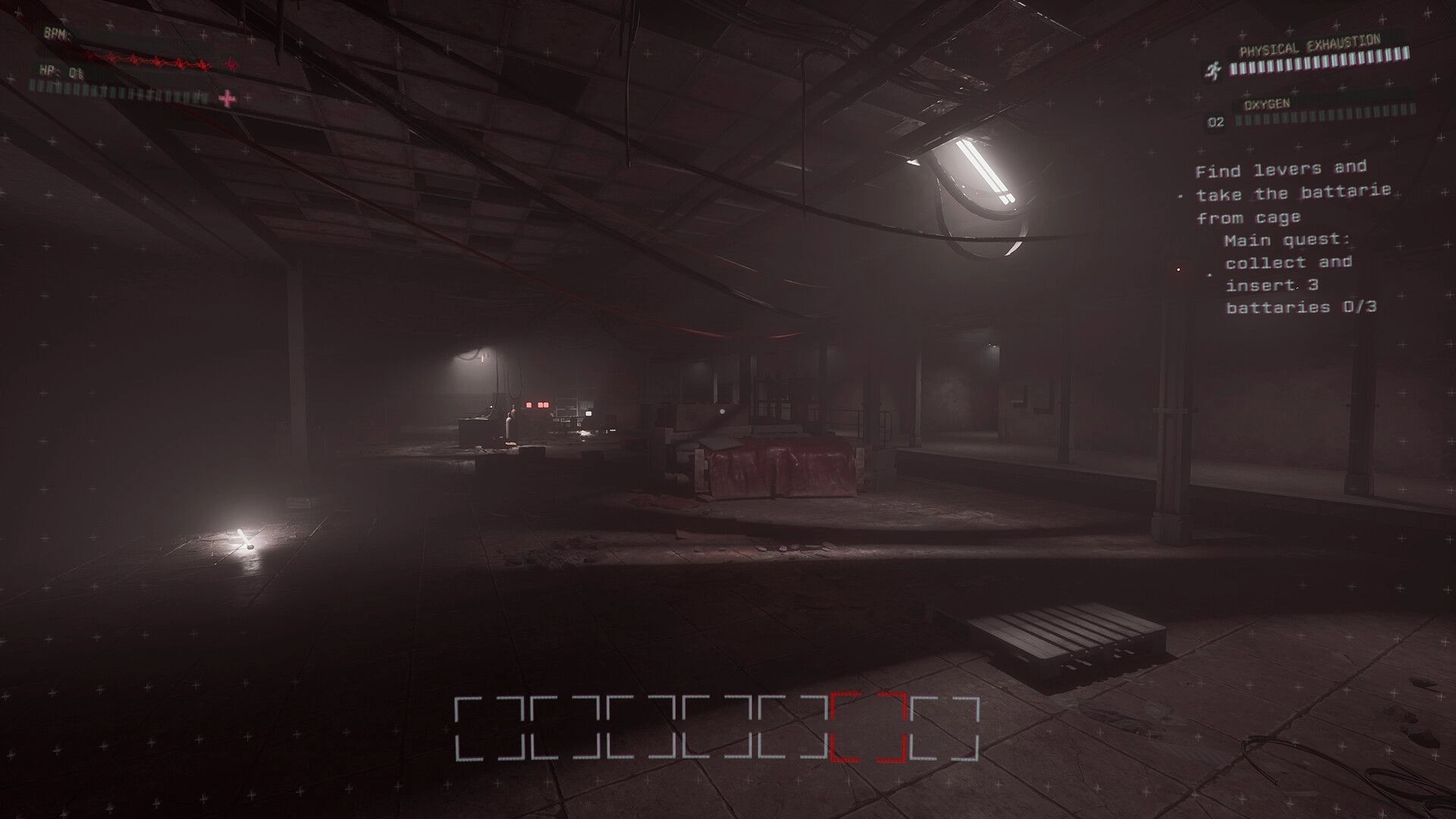INTERVOID: Objective HUD with oxygen and exhaustion bars in a dim, foggy subway platform hall.