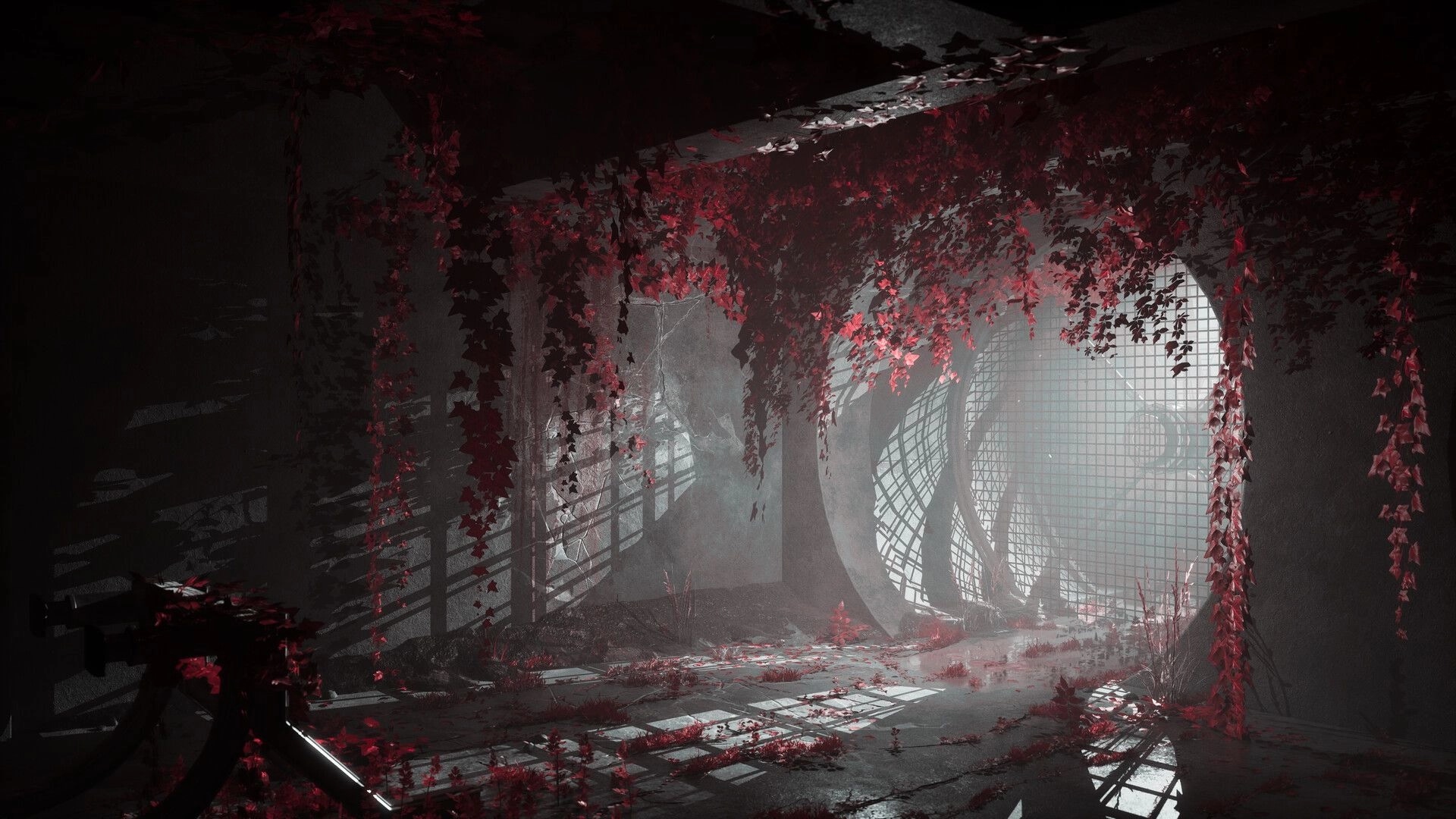 INTERVOID: Empty subway corridor with red vines and fog filtering through broken grates and light.