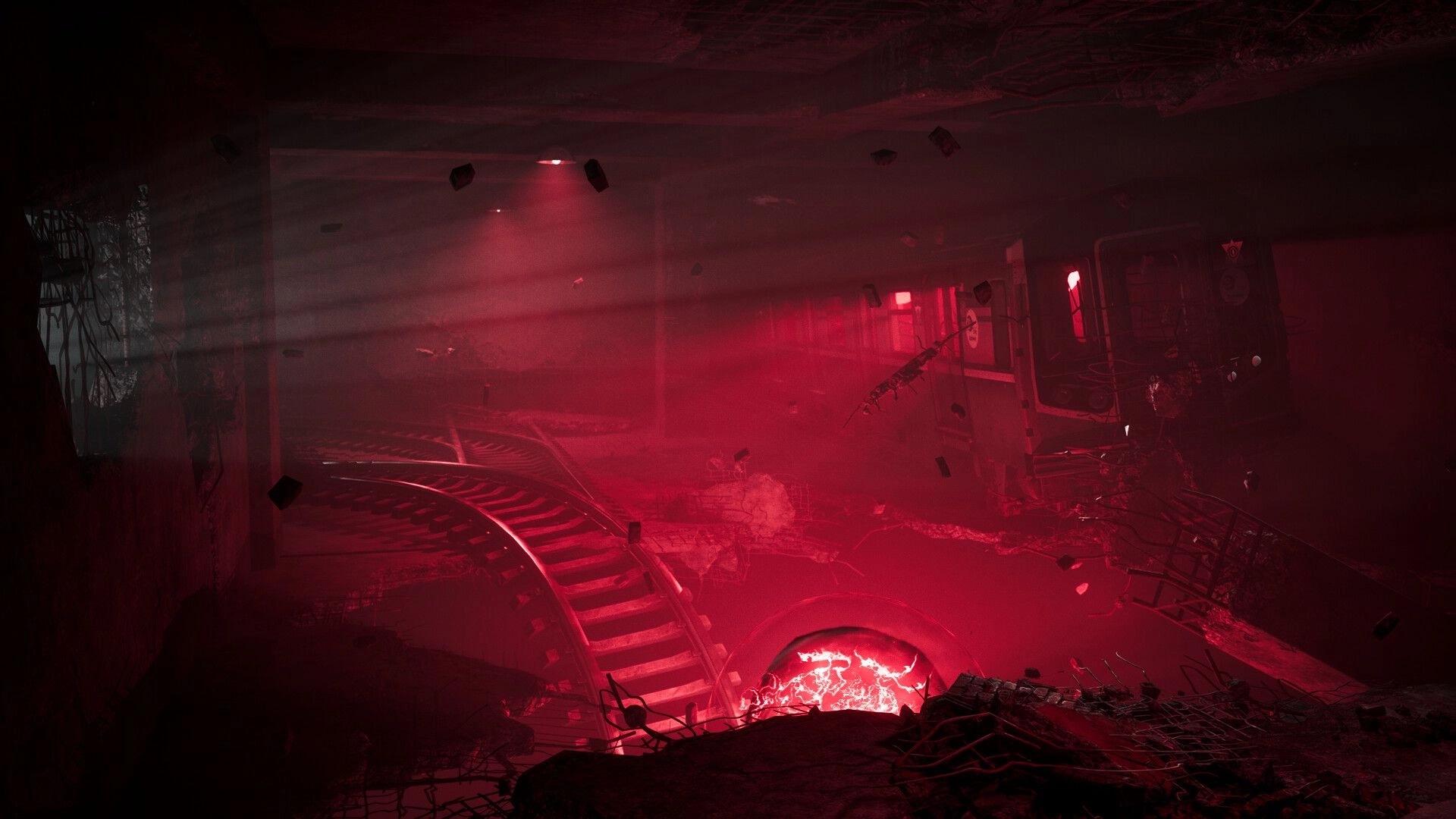 INTERVOID: Red-lit subway tunnel with derailed train cars and glowing anomaly near the tracks.