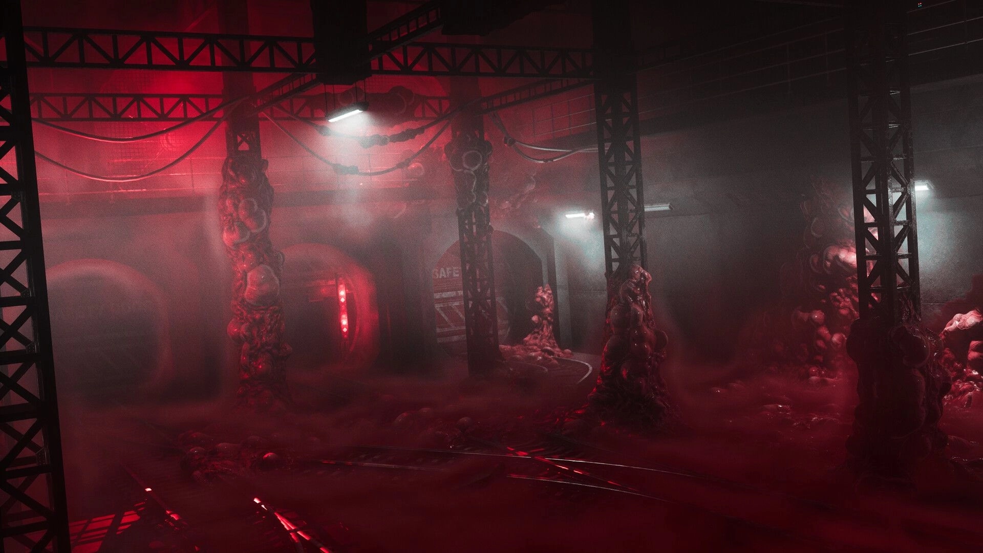 INTERVOID: Red-lit tunnel with fleshy growths on pillars and tracks, foggy industrial subway chamber.
