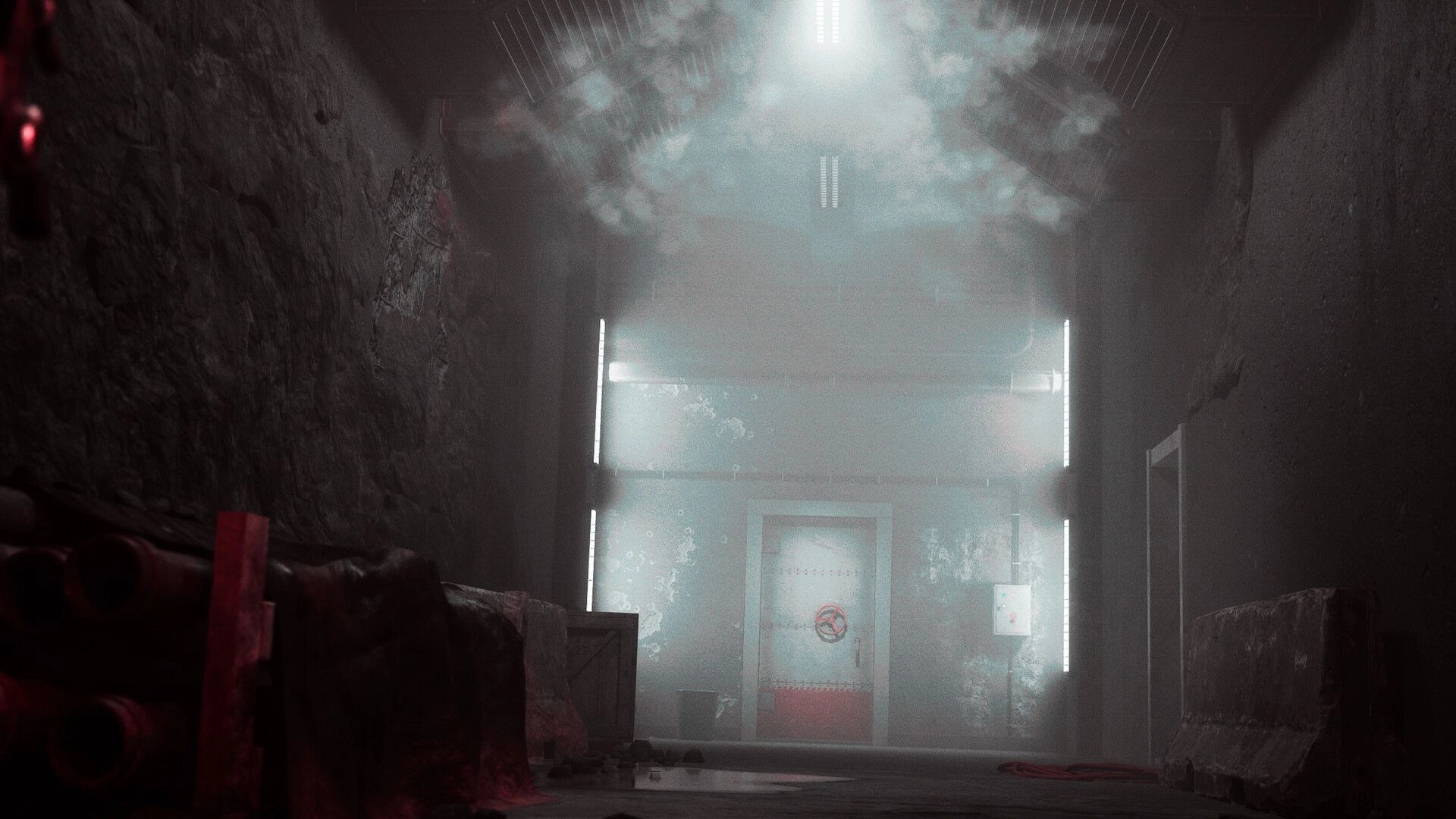 INTERVOID: Foggy corridor facing a sealed metal door with warning sign in a dim concrete tunnel.