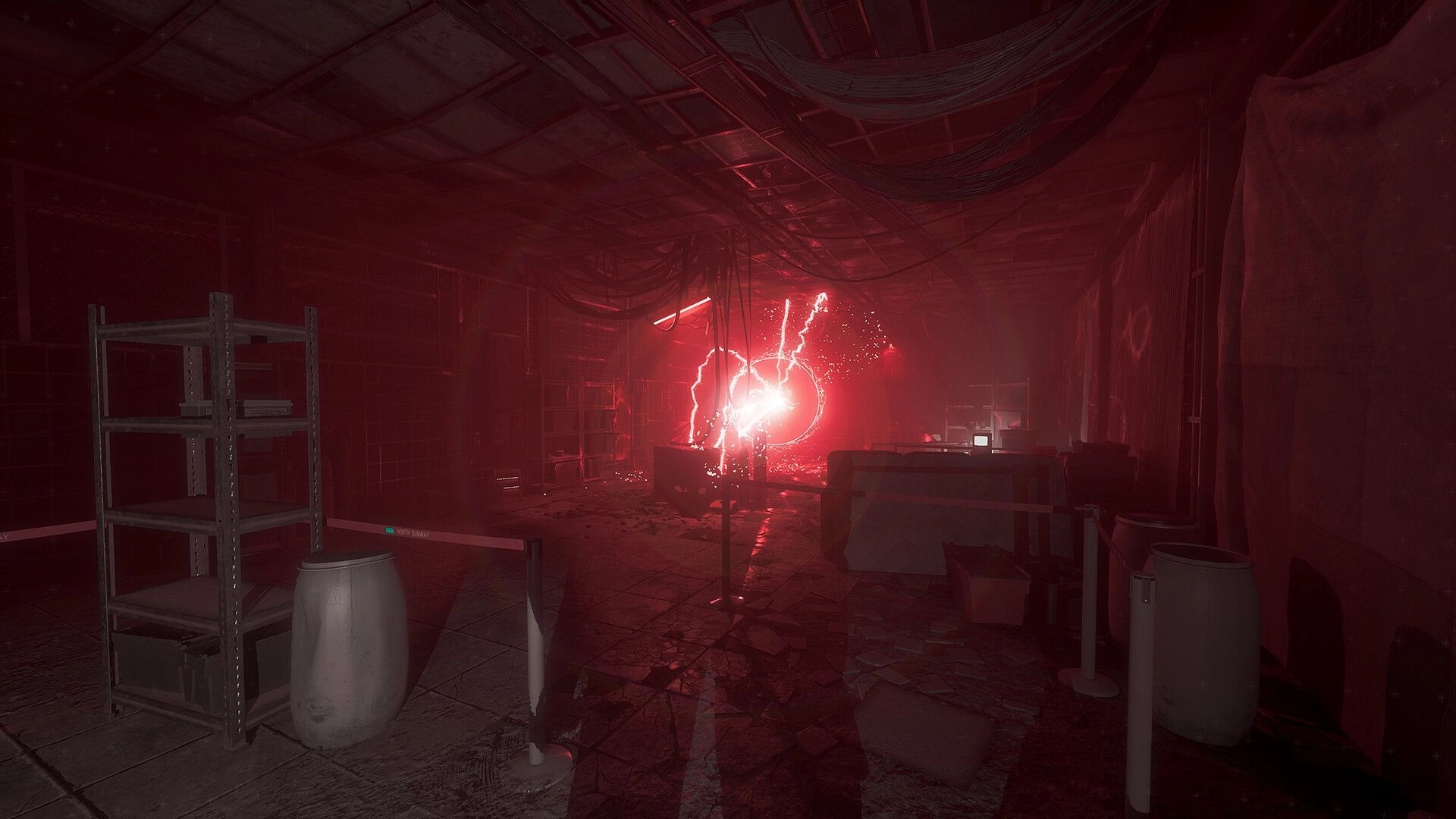 INTERVOID: Crackling red energy anomaly glows ahead in a cluttered subway maintenance room with debris.