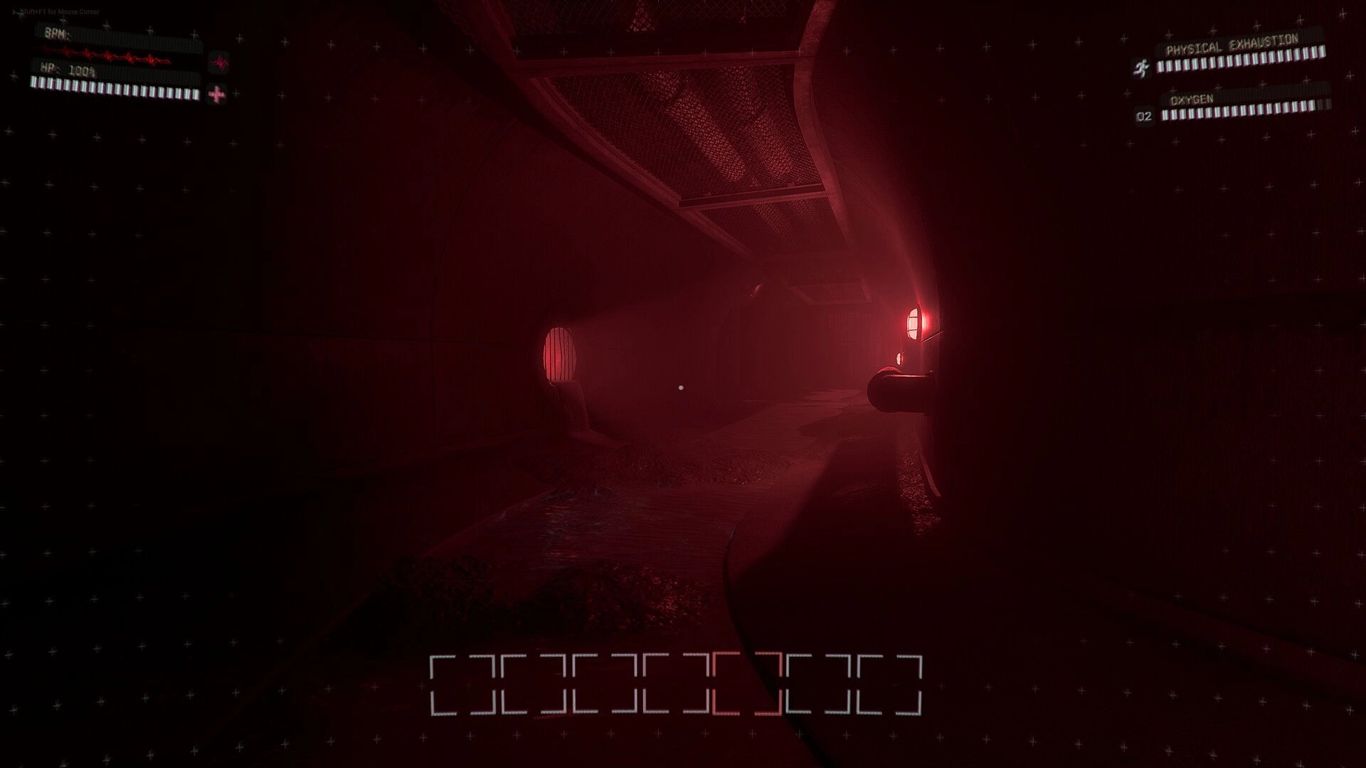 INTERVOID: First-person view in red-lit tunnel with oxygen and exhaustion HUD in abandoned subway.