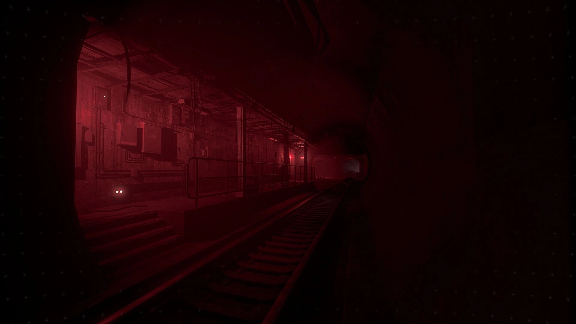 INTERVOID: First-person view down subway tracks with red warning lights in a dark tunnel corridor.