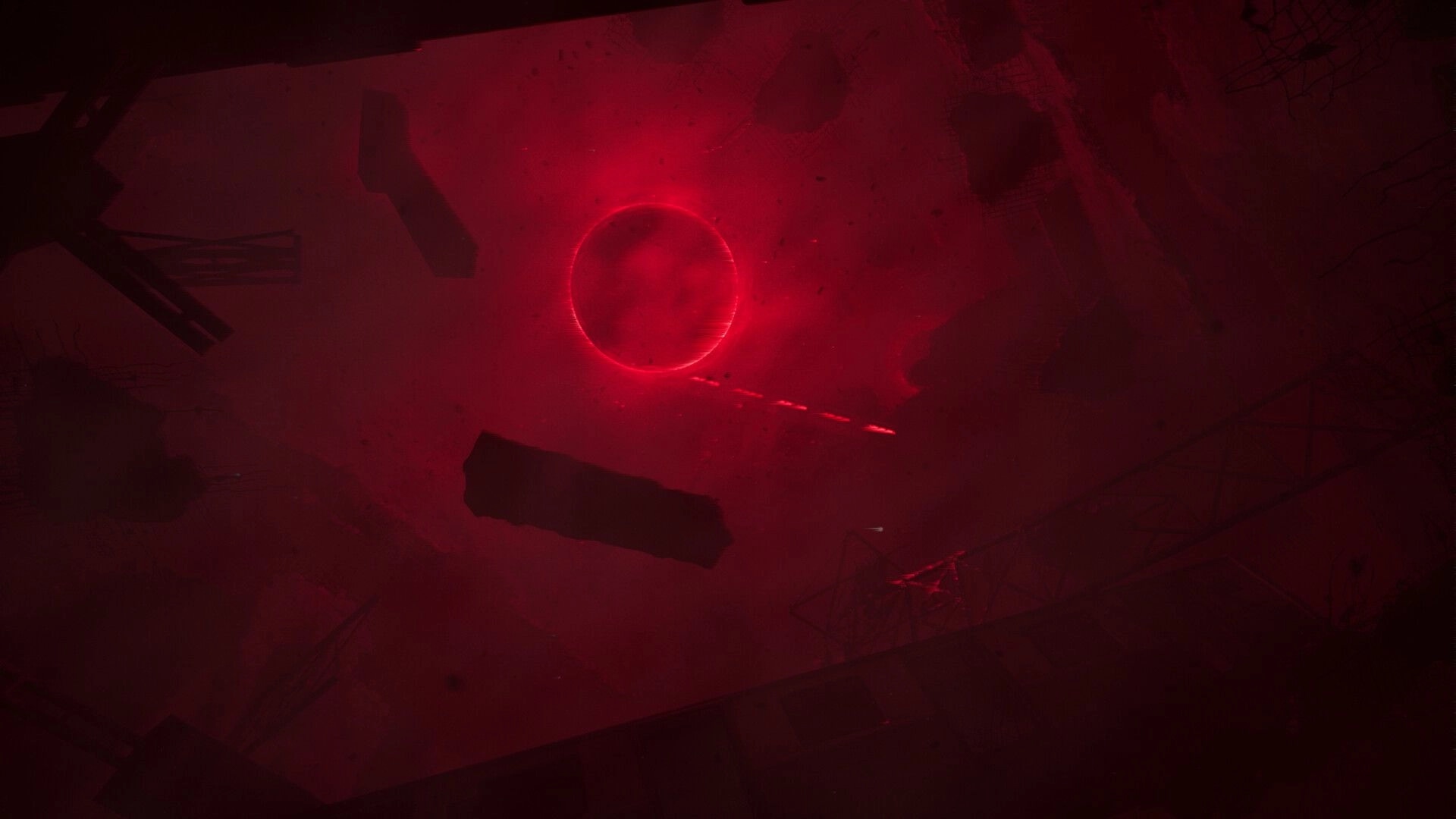 INTERVOID: Glowing red portal ring amid drifting debris in a dark, dust-filled void space.