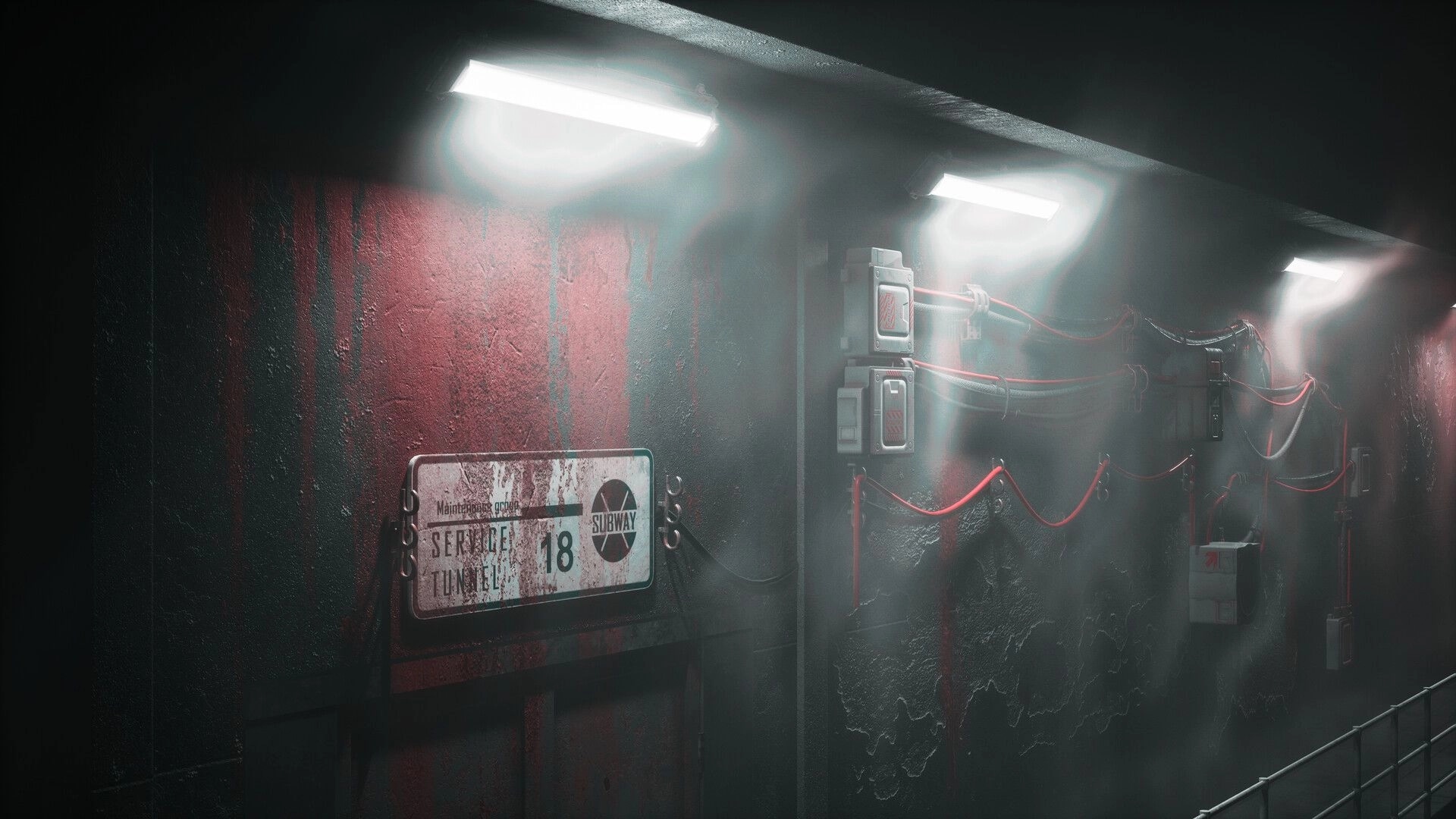 INTERVOID: Blood-streaked Service Tunnel 18 sign and exposed wiring on a foggy subway wall corridor.