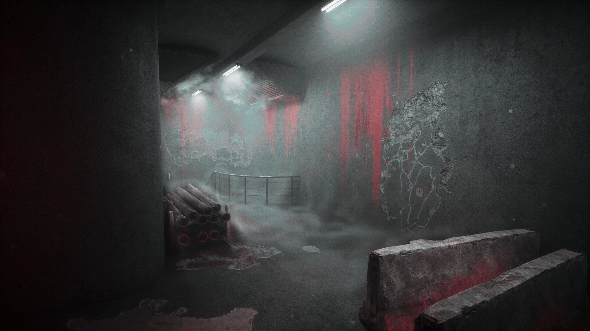INTERVOID: Foggy maintenance corridor with stacked pipes and concrete barriers under harsh lights.