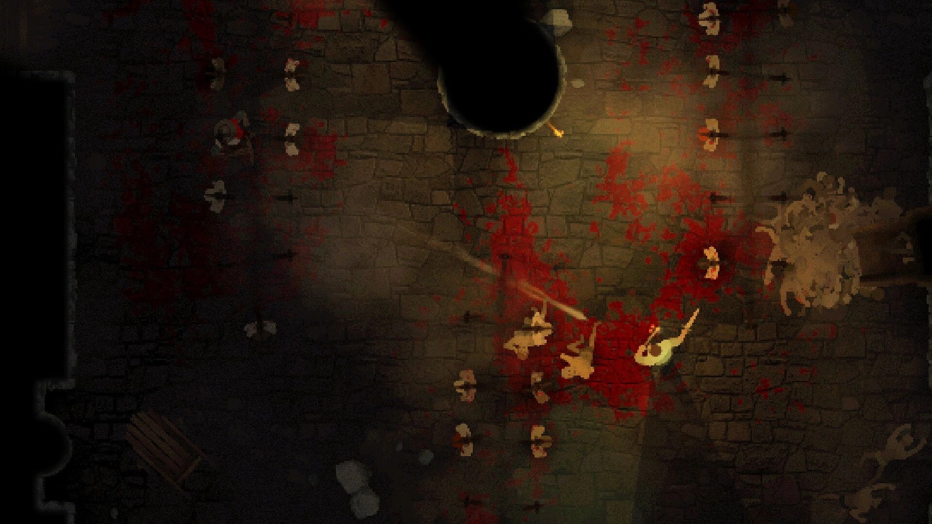 INTO EVIL: Top-down view of bloody dungeon combat with player character wielding a sword against foes.