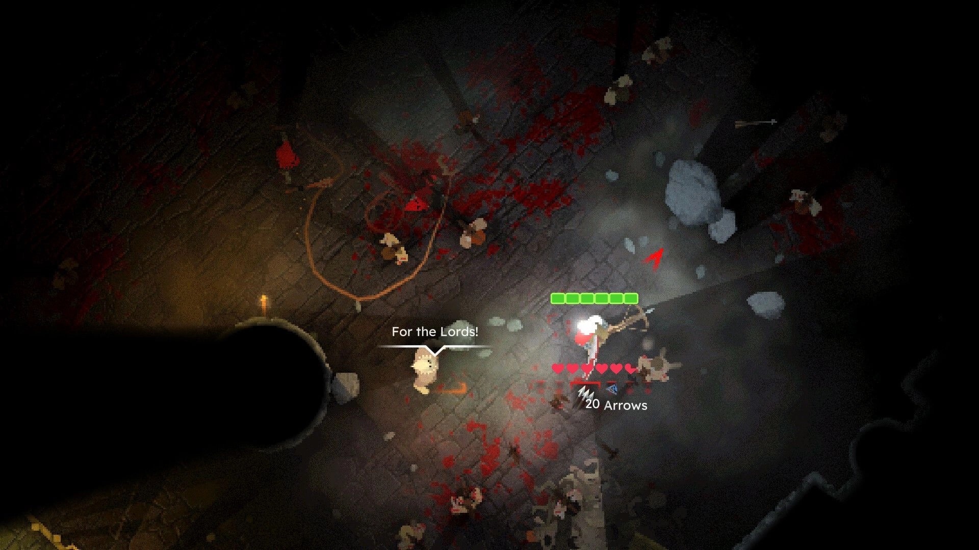 INTO EVIL: Player battles demons in dark dungeon, health bar and ammo counter visible, "For the Lords!"