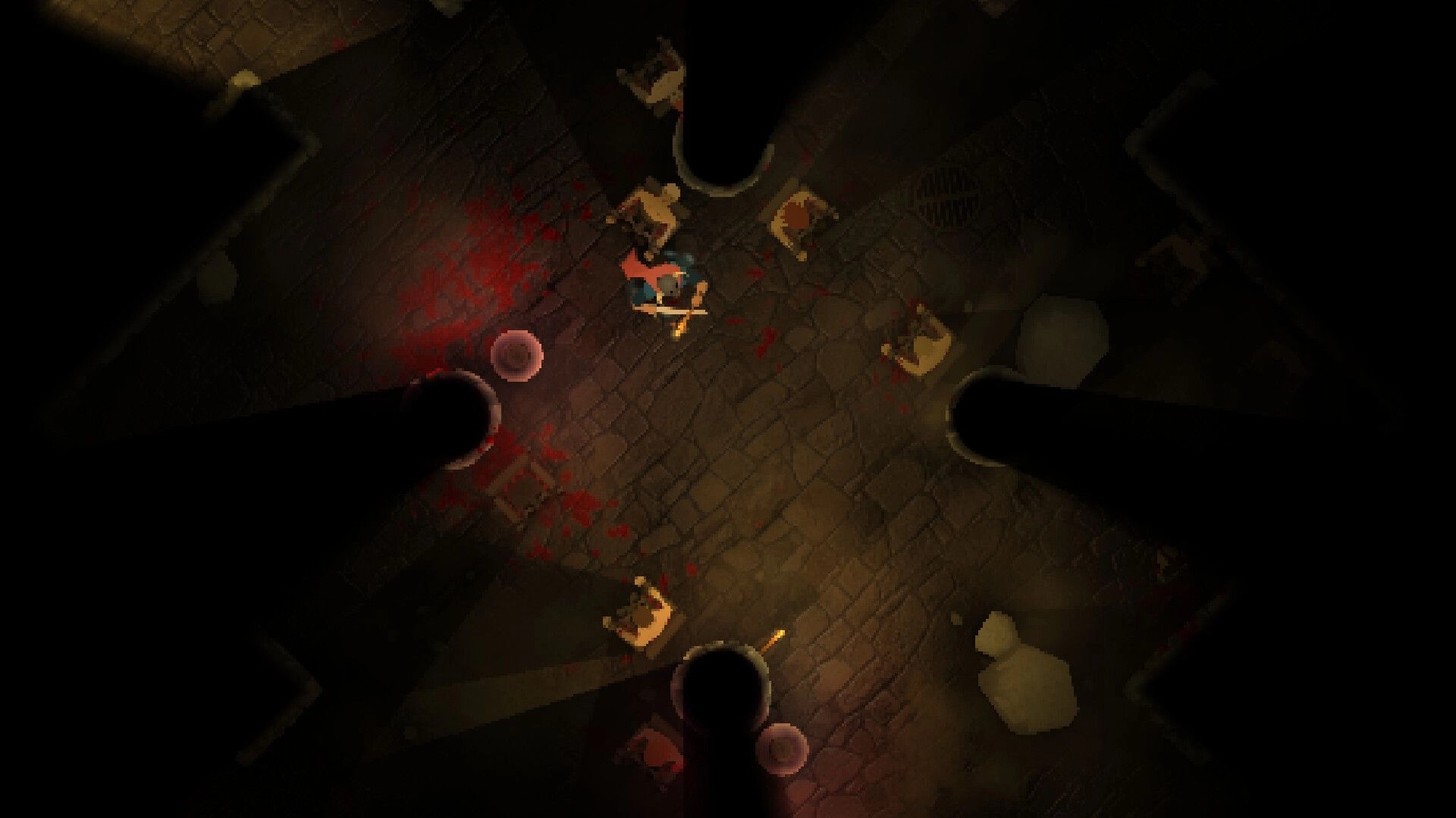 INTO EVIL: Top-down view of a dungeon battle with player surrounded by enemies and bloodstained floor