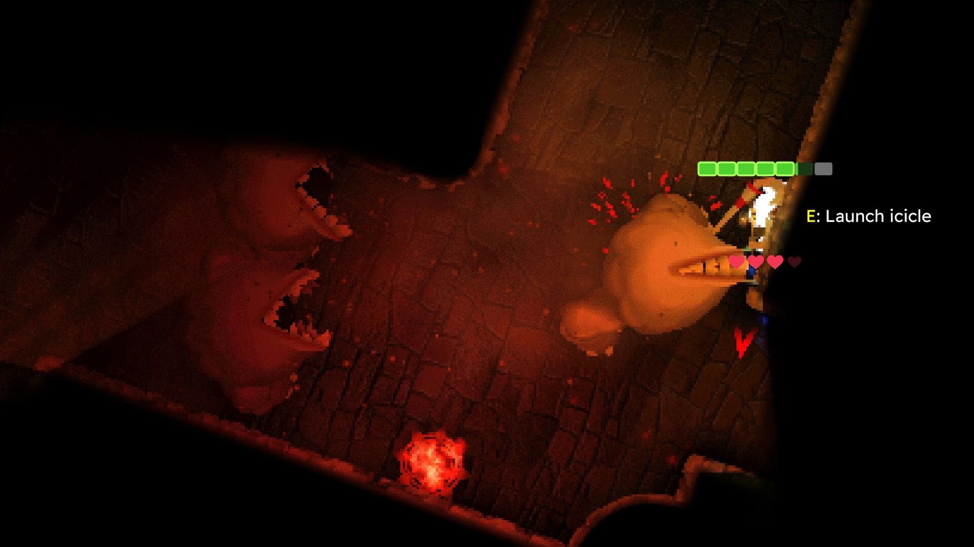 INTO EVIL: Player battles demon in a dark dungeon, health bars and "E: Launch icicle" prompt visible.