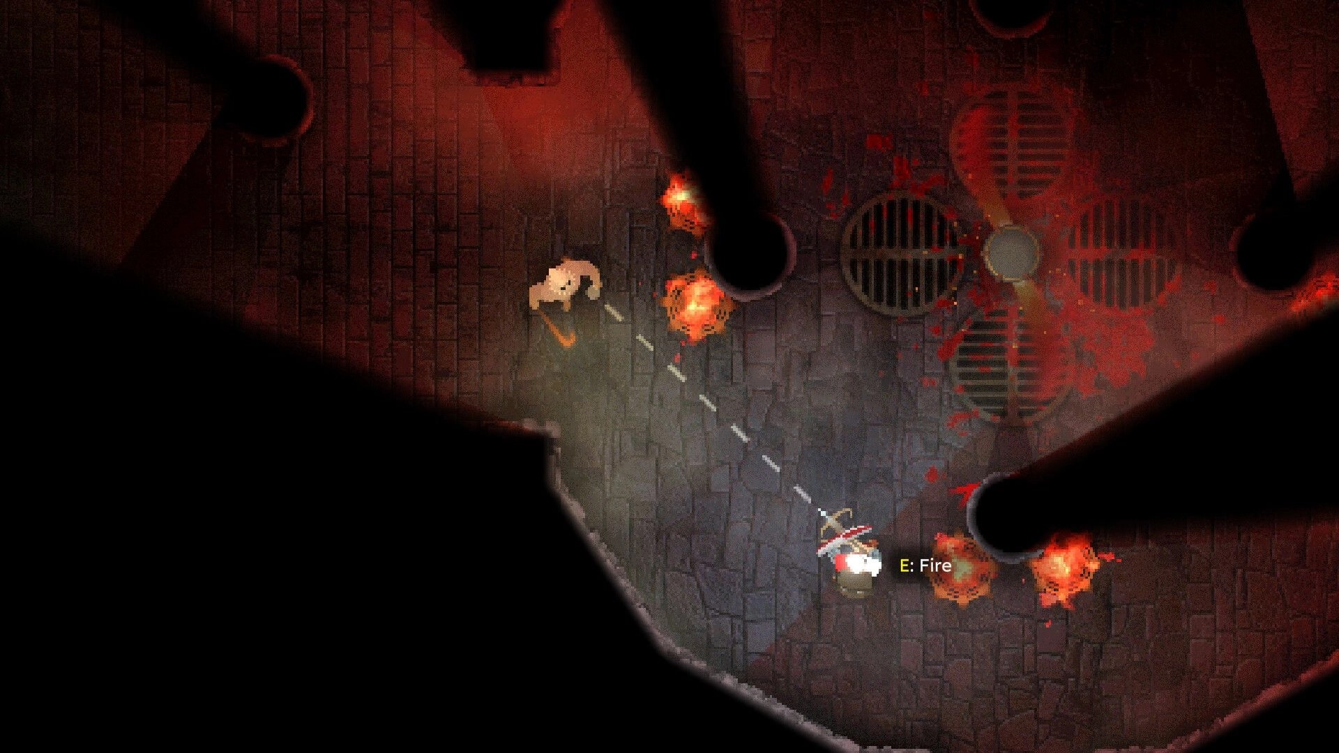 INTO EVIL: Player dodges fireballs in a dimly lit dungeon with blood-stained fan grates.