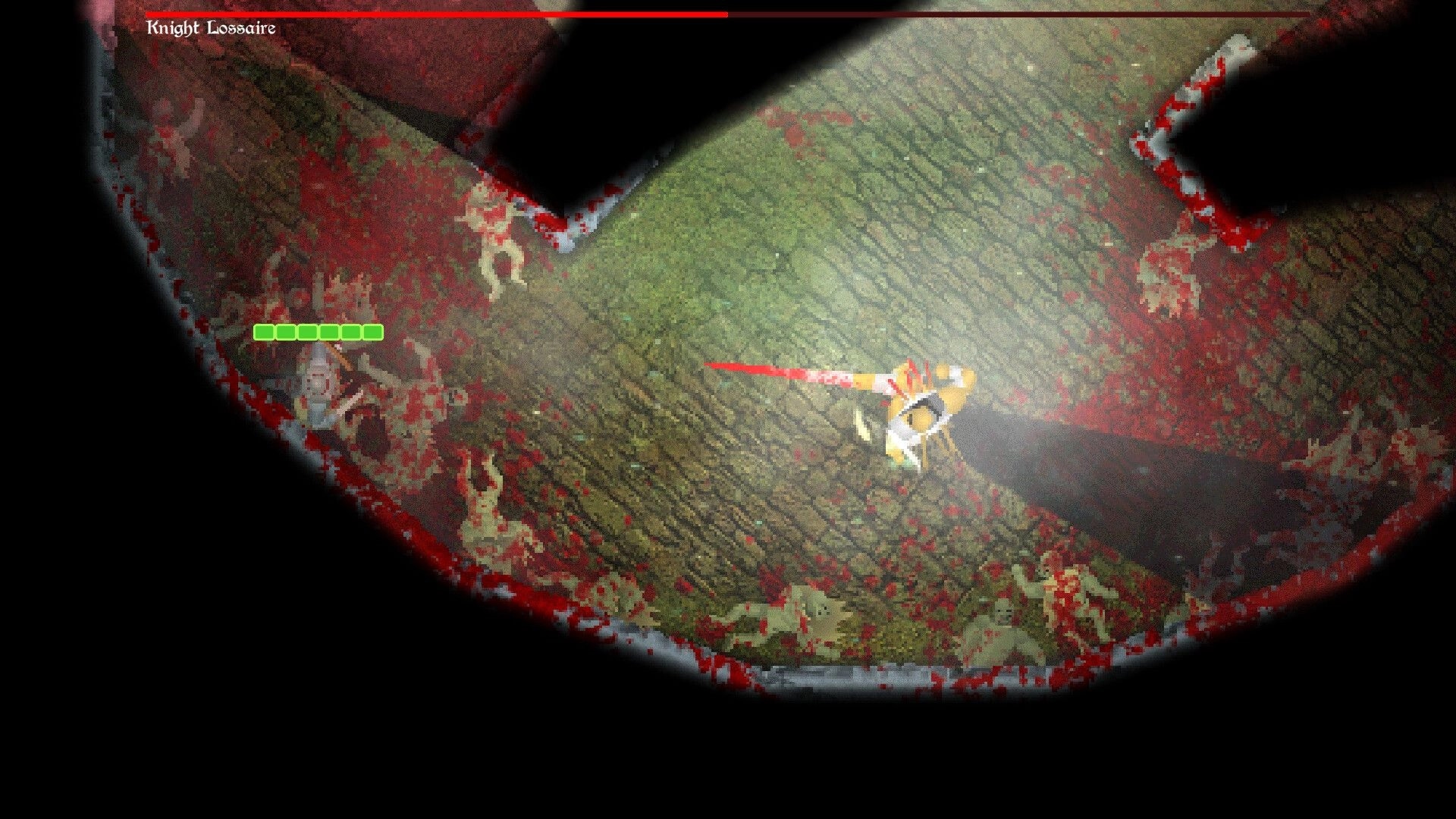 INTO EVIL: Knight Lossaire battle on a bloody dungeon floor, health bar and character visible