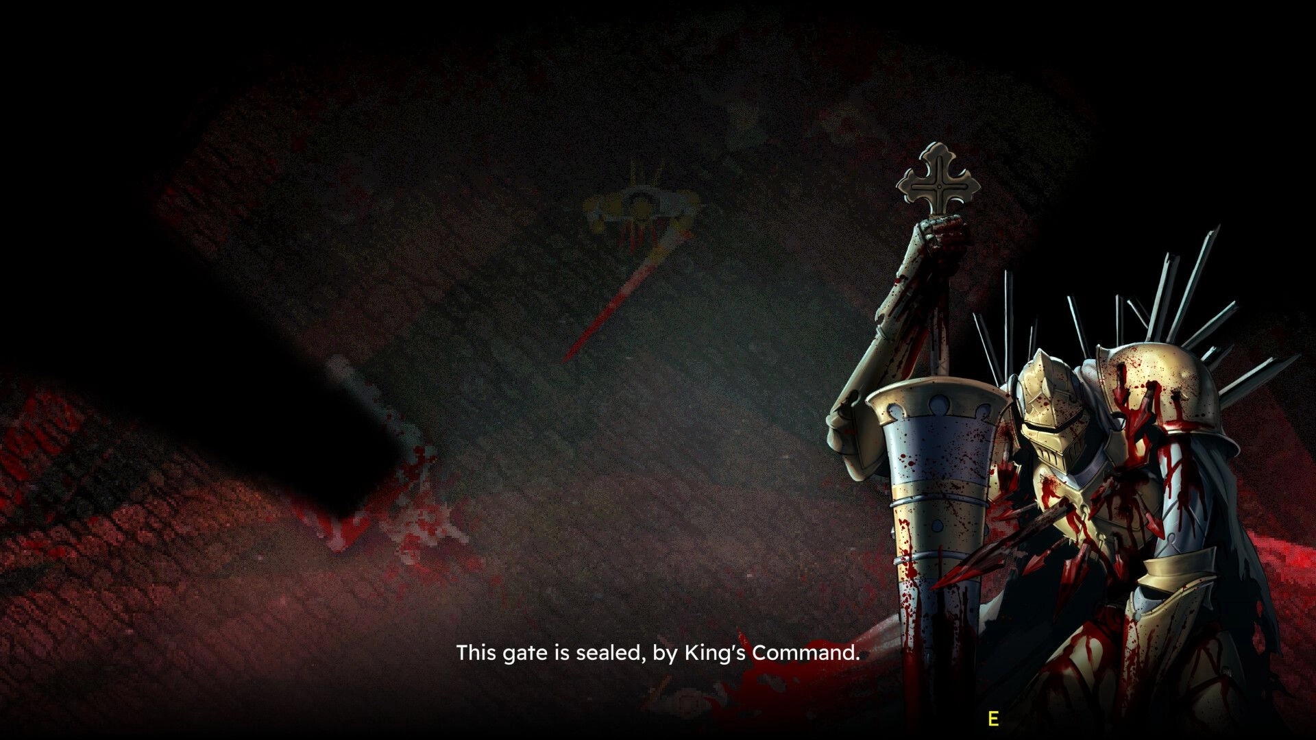 INTO EVIL: Bloodied knight kneeling with sword in dark, ominous setting; text reads "This gate is sealed."