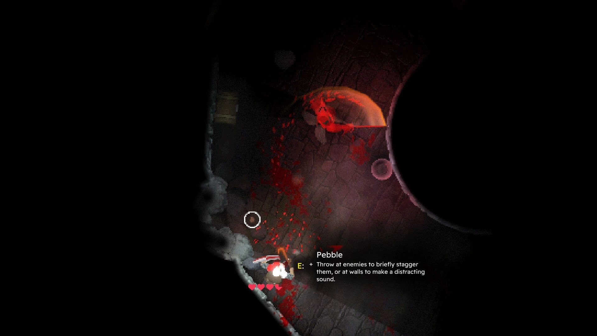 INTO EVIL: Player in combat with demon, blood splatter on dungeon floor, pebble item description visible.