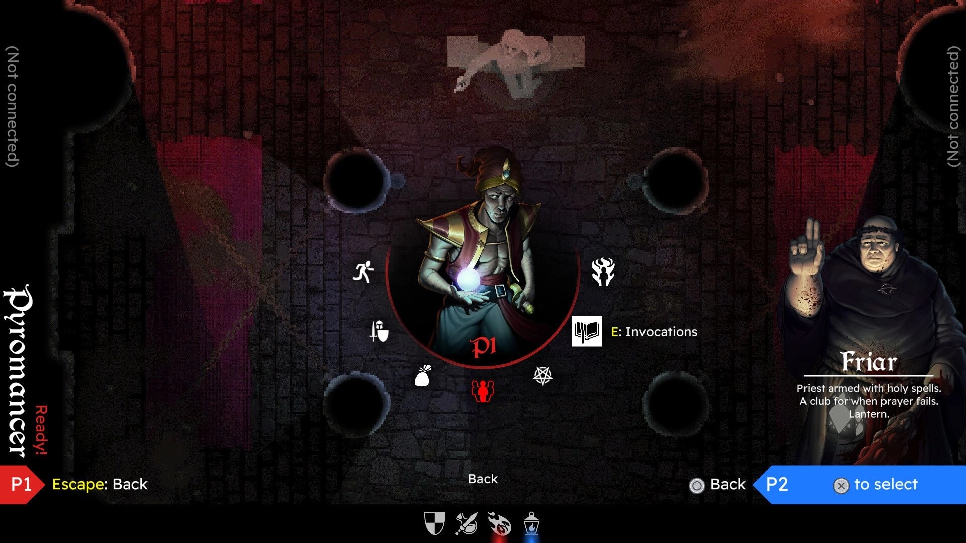 INTO EVIL: Character selection screen with Pyromancer and Friar options in a dark, dungeon-like setting.