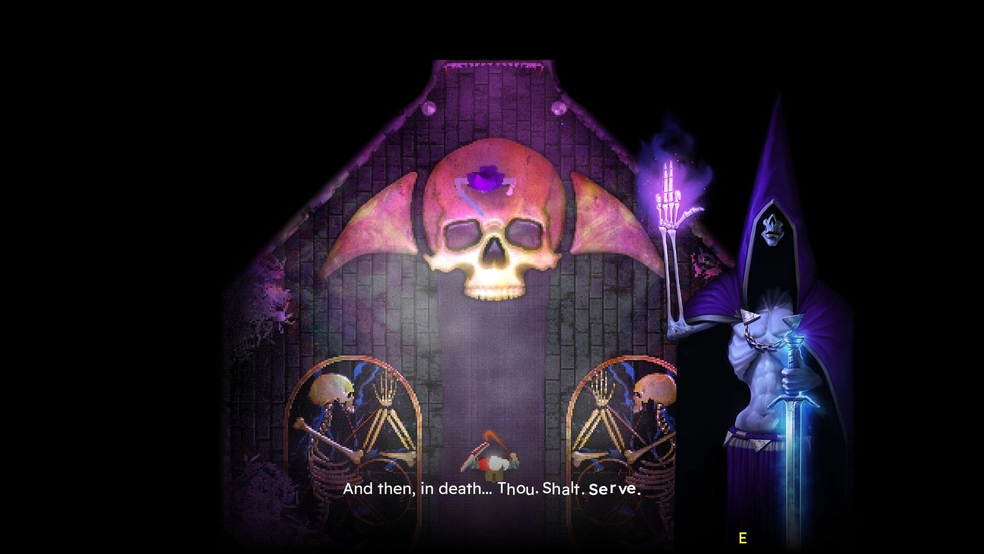 INTO EVIL: Hooded figure with glowing sword beside a skull altar in a dark, mystical chamber