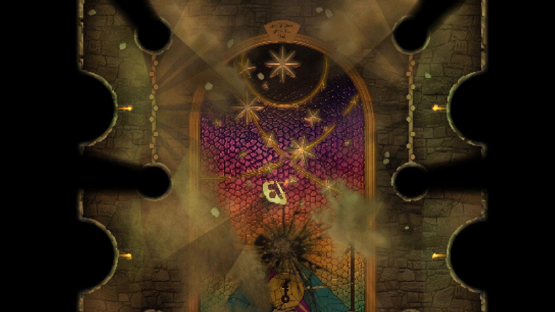INTO EVIL: Mysterious stained glass door with glowing symbols in a dimly lit stone hallway