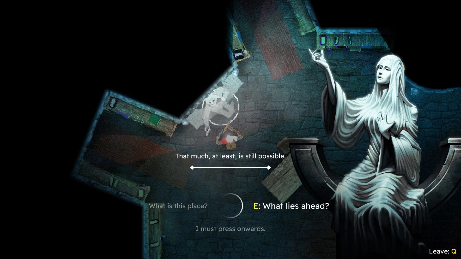 INTO EVIL: Player in eerie stone chamber with choices dialogue and mysterious statue on the right