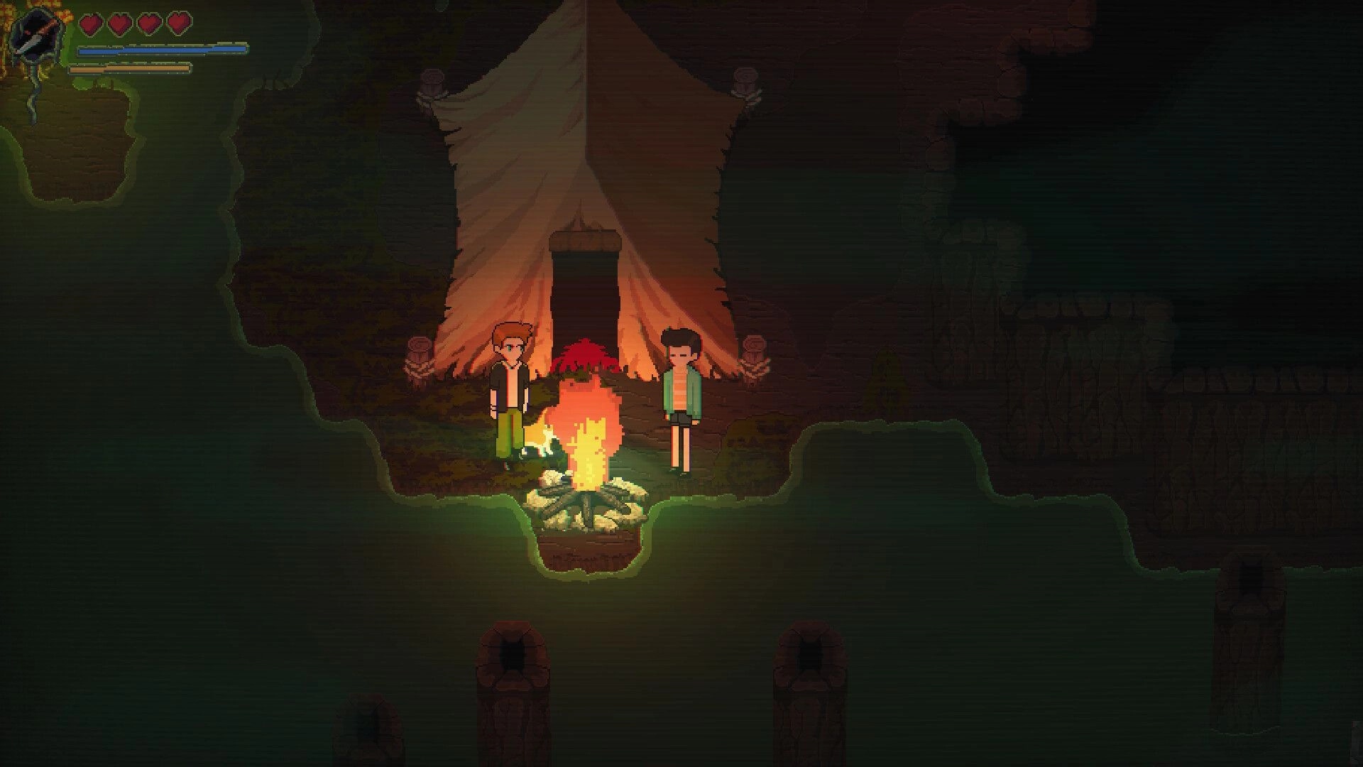 Into Samomor: Two characters stand by a campfire at night, tent in background, health bar visible