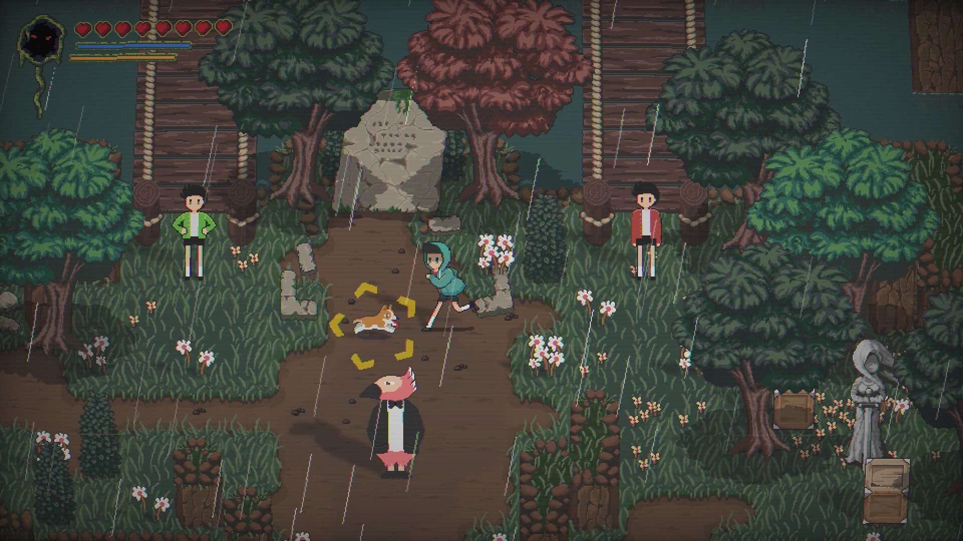 Into Samomor: Player in green hoodie runs past dog and pig in rainy forest path with UI hearts displayed