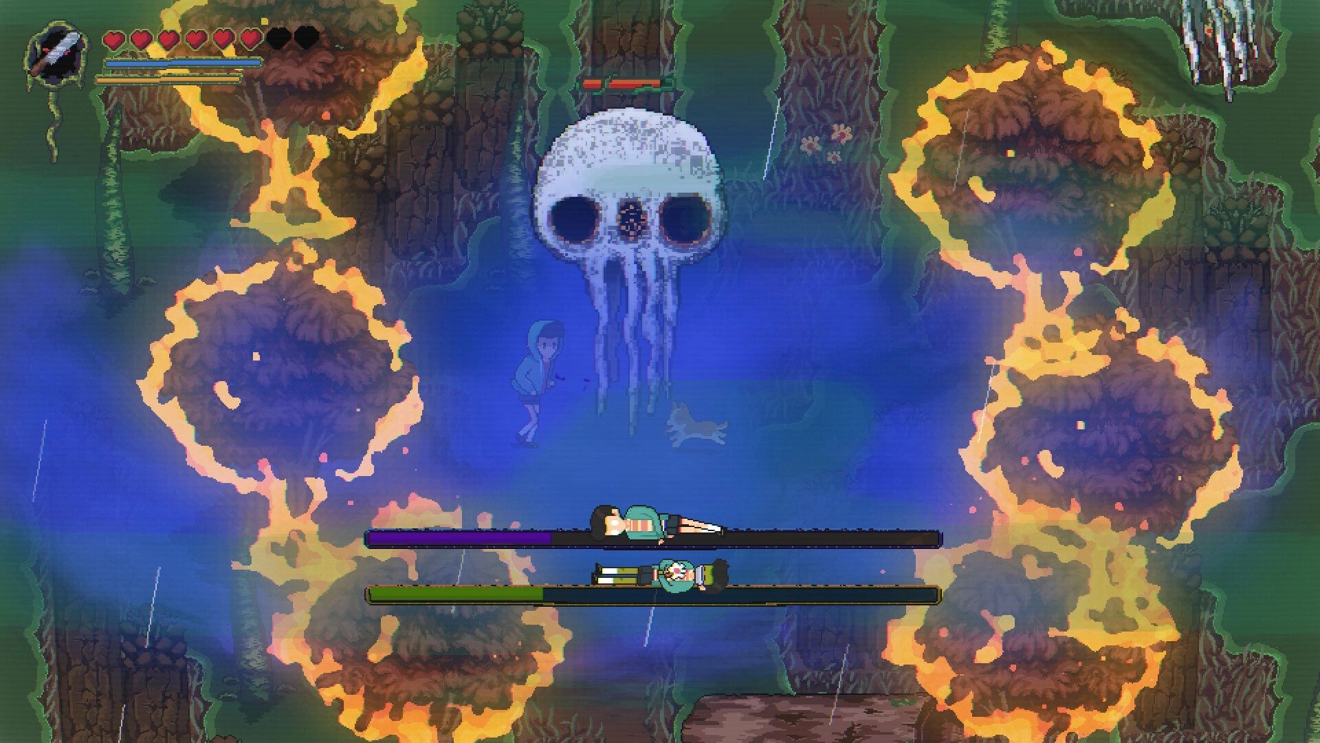 Into Samomor: Character battles floating skull creature in a fiery forest with health bars visible.