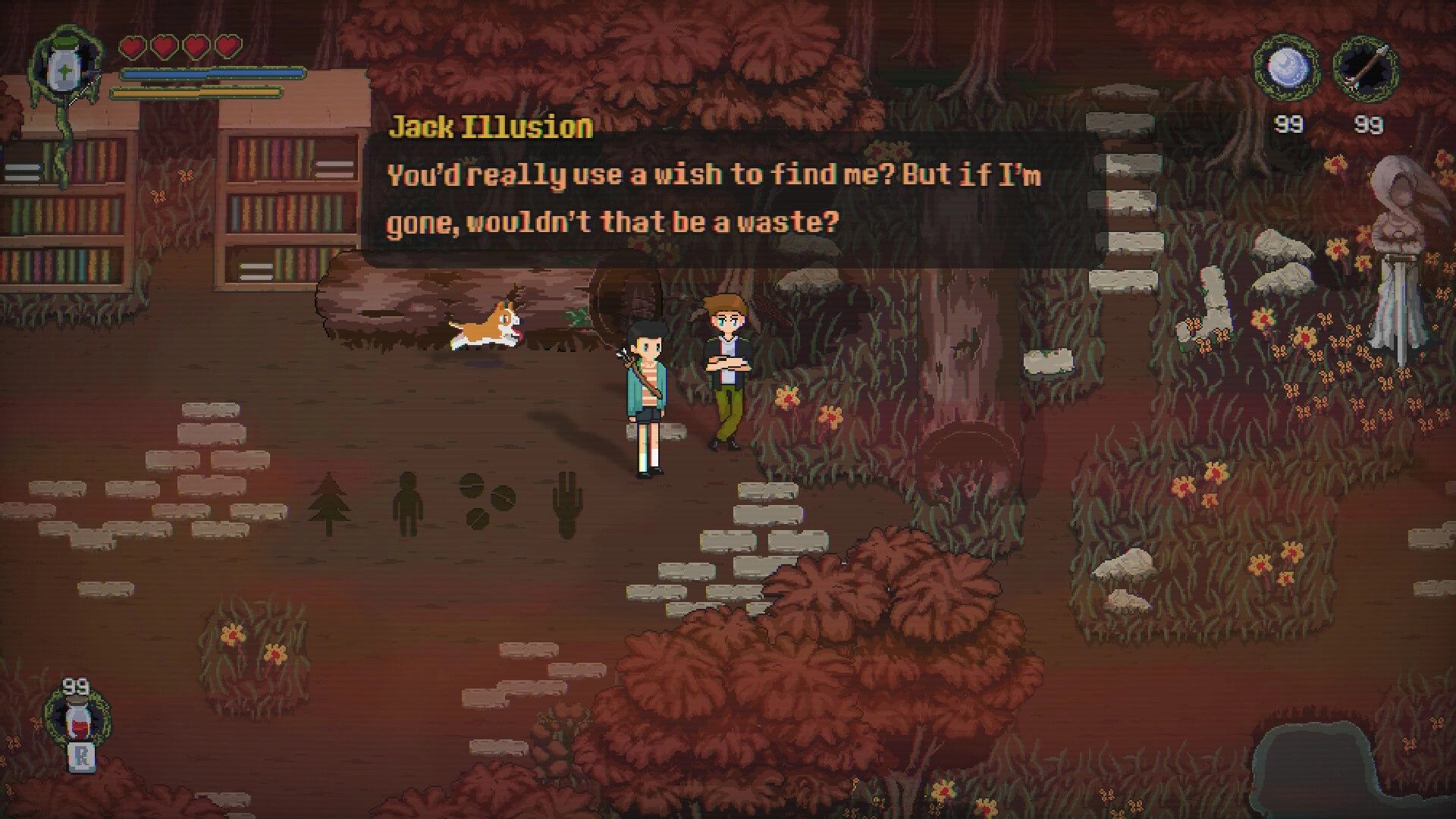 Into Samomor: Dialogue with Jack Illusion in a forest clearing, UI shows health and inventory icons.