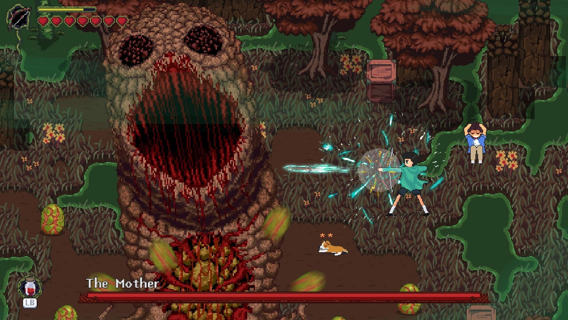 Into Samomor: Player battles giant creature "The Mother" in a forest with vibrant, eerie surroundings.