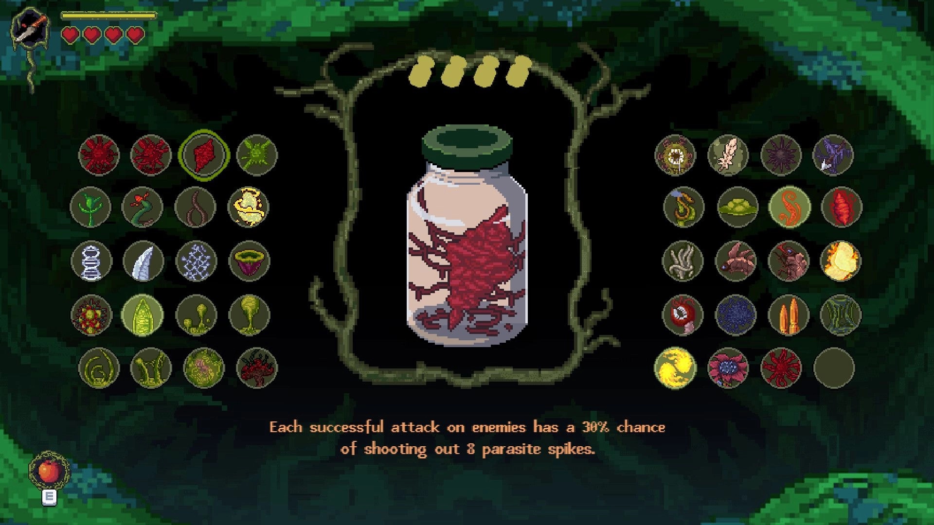 Into Samomor: Inventory screen with various items and a jar with a red parasite in a dark forest setting.