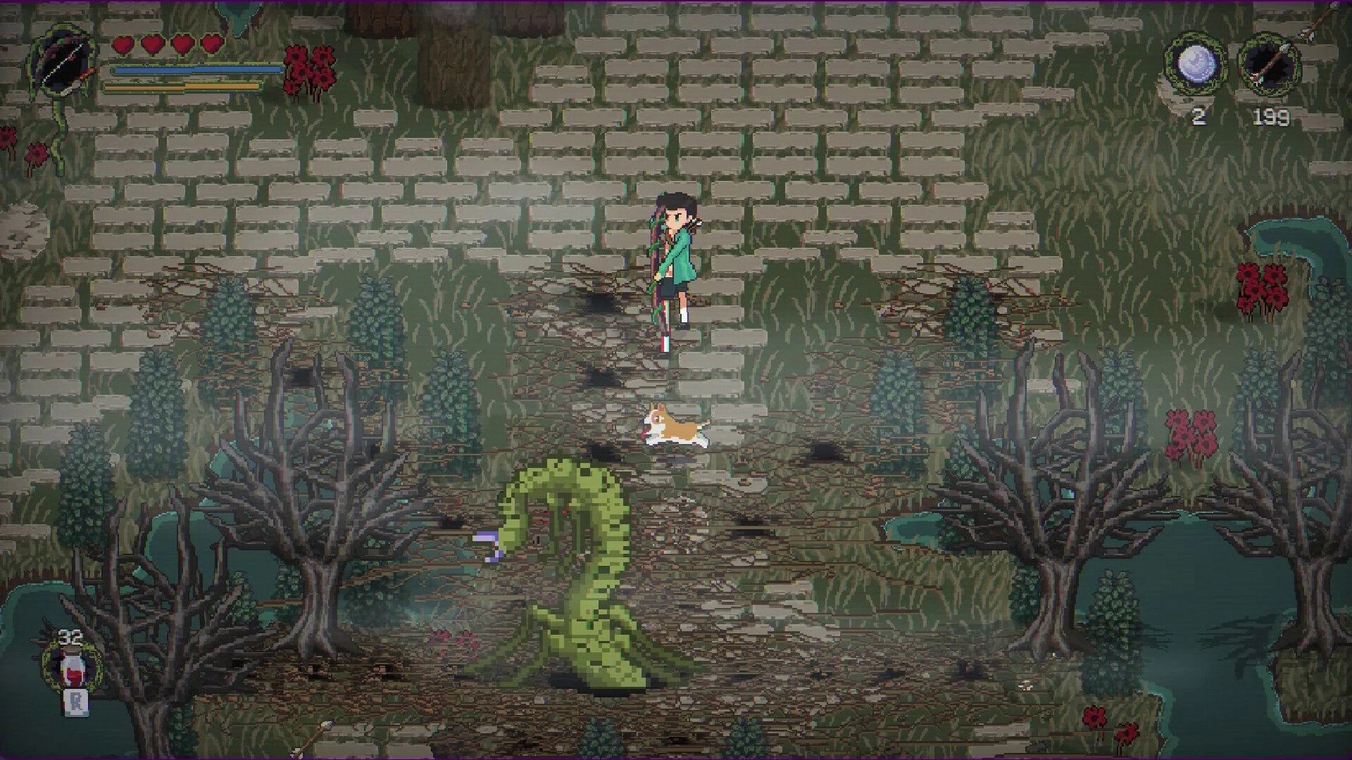 Into Samomor: Character and dog explore eerie forest path with UI health and magic indicators visible