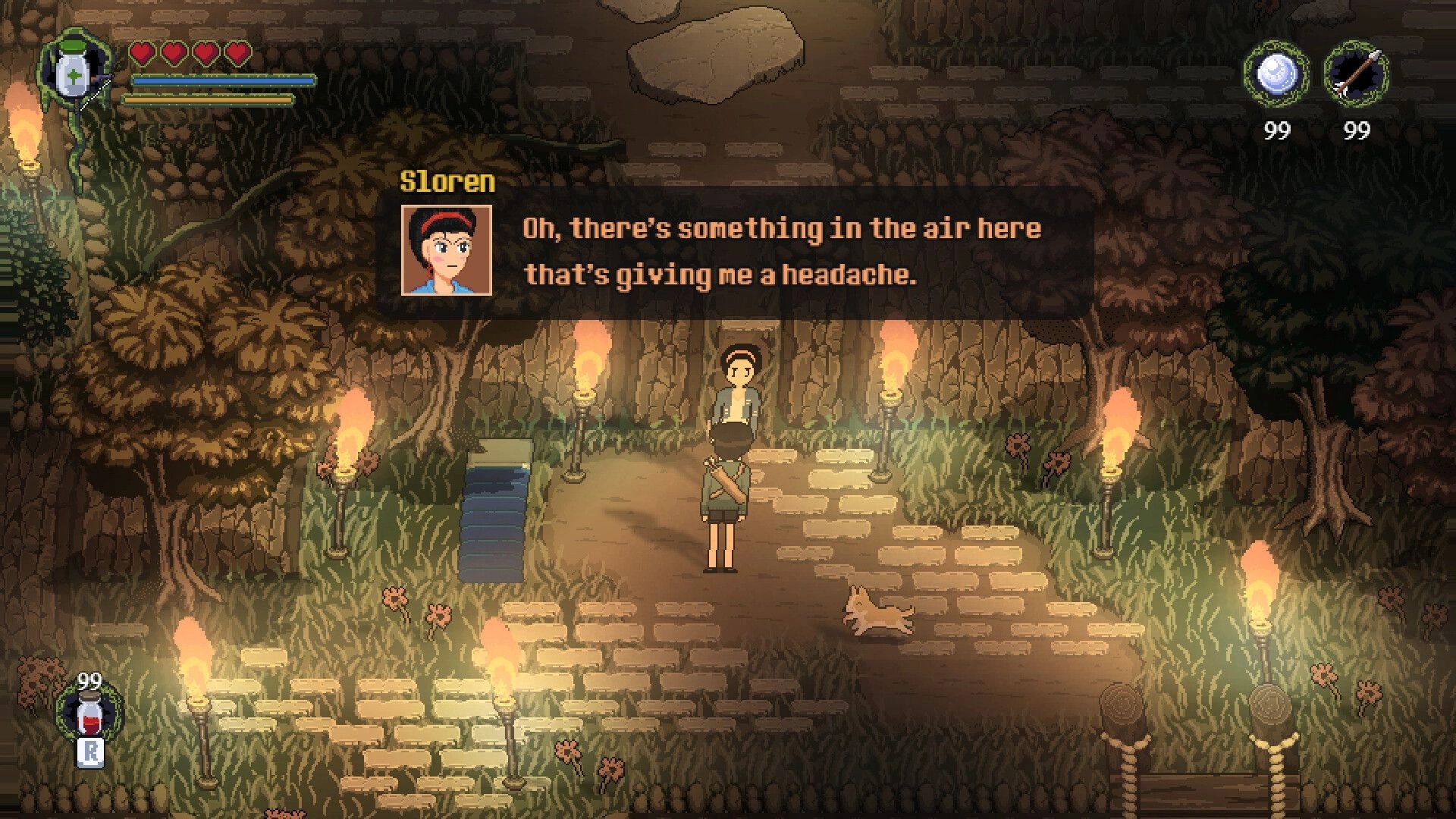 Into Samomor: Sloren dialogue with torch-lit forest path and UI elements in a mysterious setting.