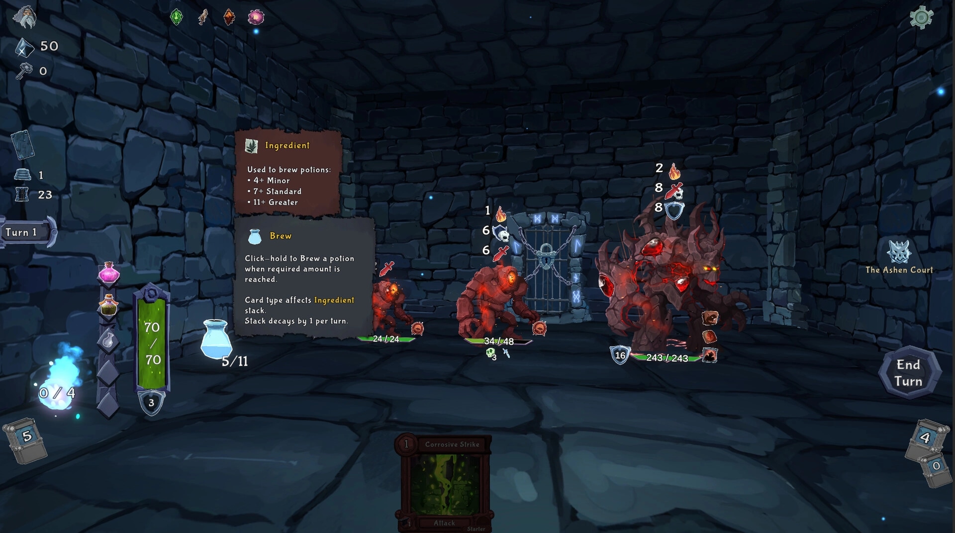 Into the Crypt: Brewing potion tooltip during turn-based fight in a stone crypt against fiery golems.