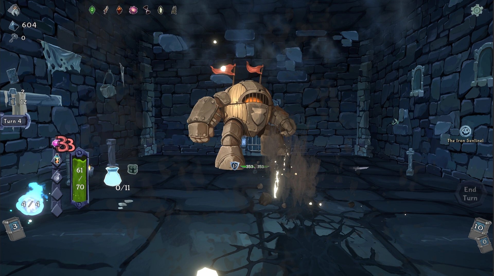 Into the Crypt: Battle vs The Iron Sentinel golem in a stone cell, Turn 4 UI and End Turn button.
