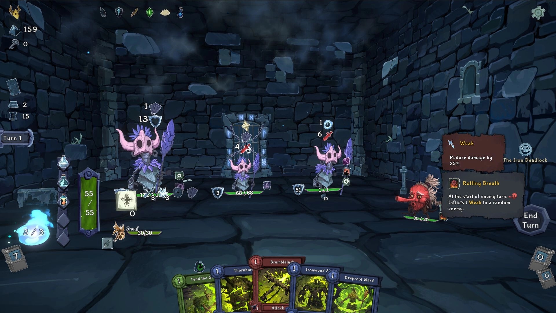 Into the Crypt: Turn-based card combat versus three horned foes in a stone crypt, End Turn UI up.