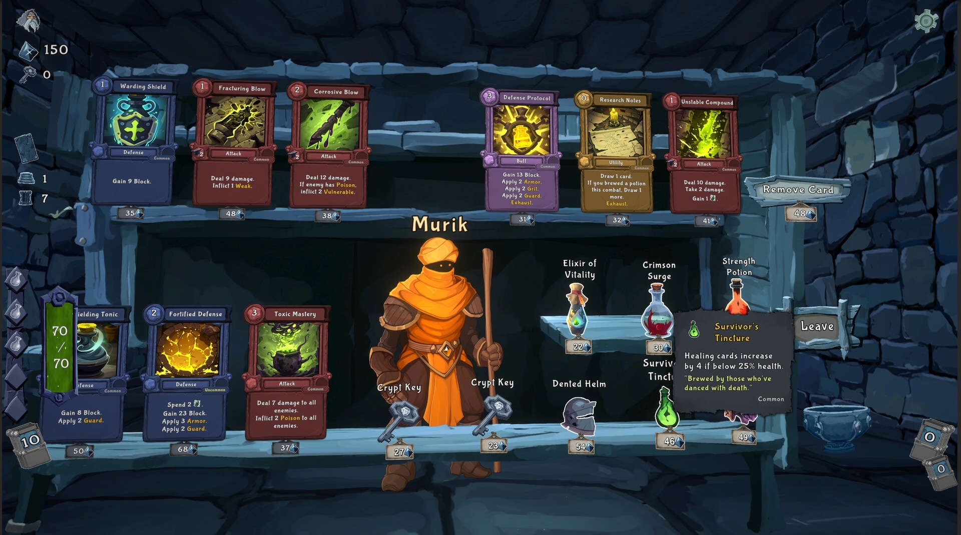 Into the Crypt: Shop screen with Murik selling cards, potions, and keys in a stone cave stall.
