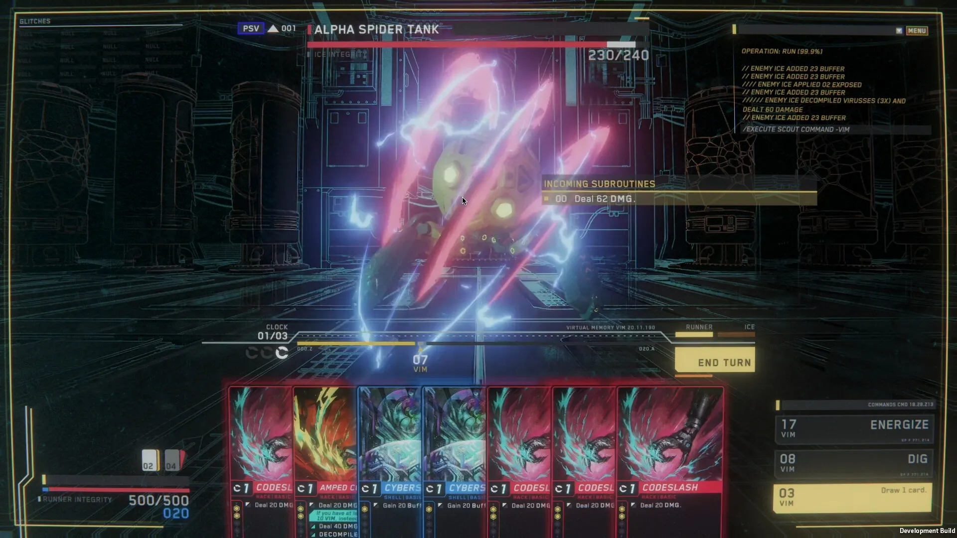 Into The Grid: Combat with Alpha Spider Tank in digital arena, player deck and commands visible below.