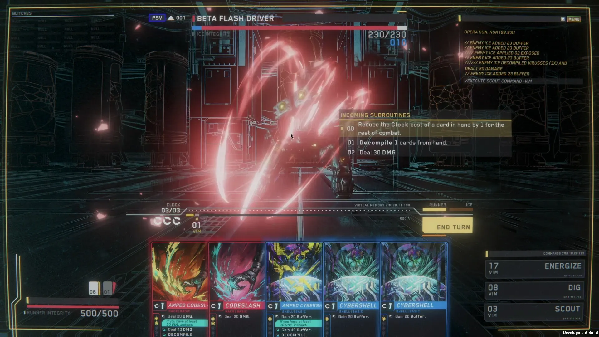 Into The Grid: Player executes Beta Flash Driver in cyber arena with glowing cards and subroutines displayed.