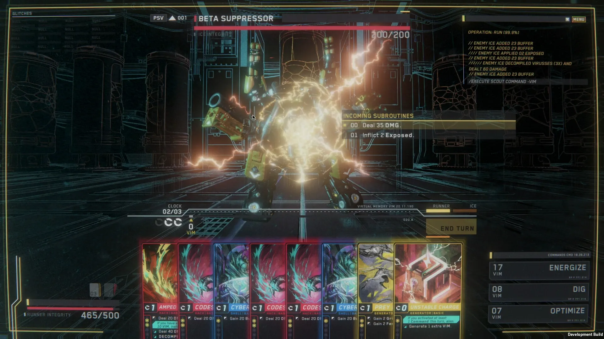 Into The Grid: Combat with Beta Suppressor in cyberspace, card deck and enemy stats visible