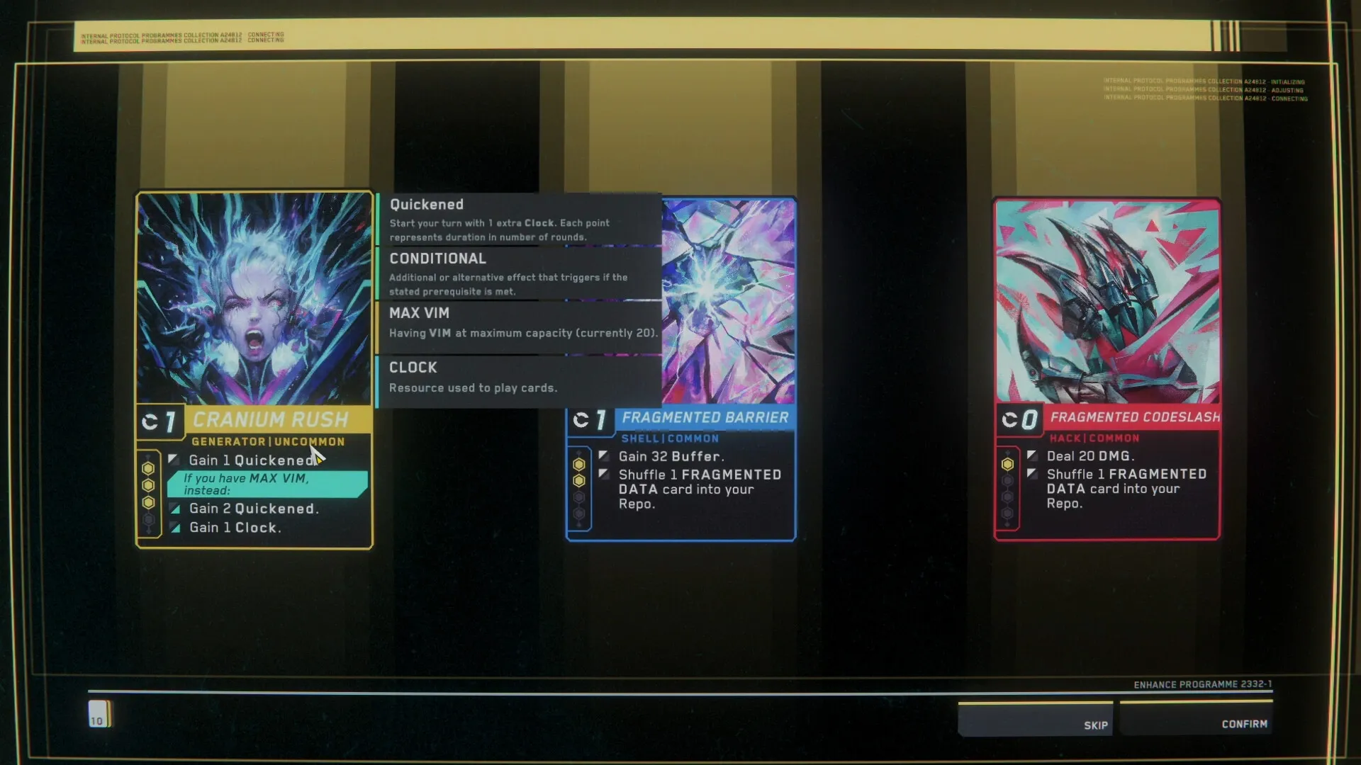 Into The Grid: Three program cards displayed, including Cranium Rush, with descriptions and stats visible.