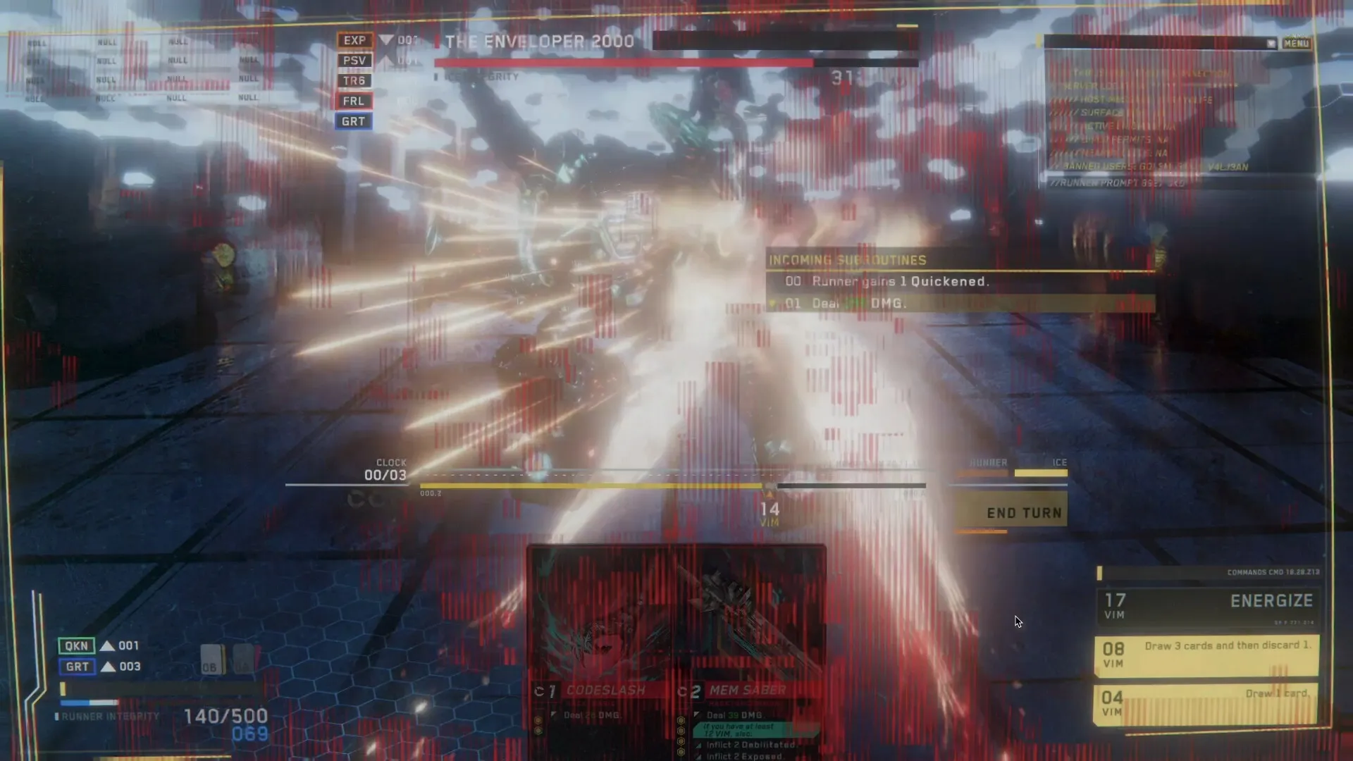 Into The Grid: Intense digital battle with cards displayed, featuring The Enveloper 2000 in cyberspace.