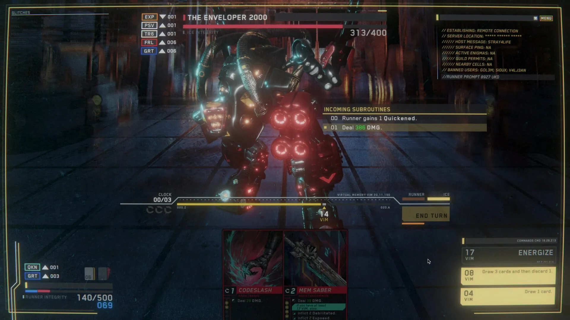 Into The Grid: Combat with The Enveloper 2000 in a cybernetic arena, player decks and stats visible